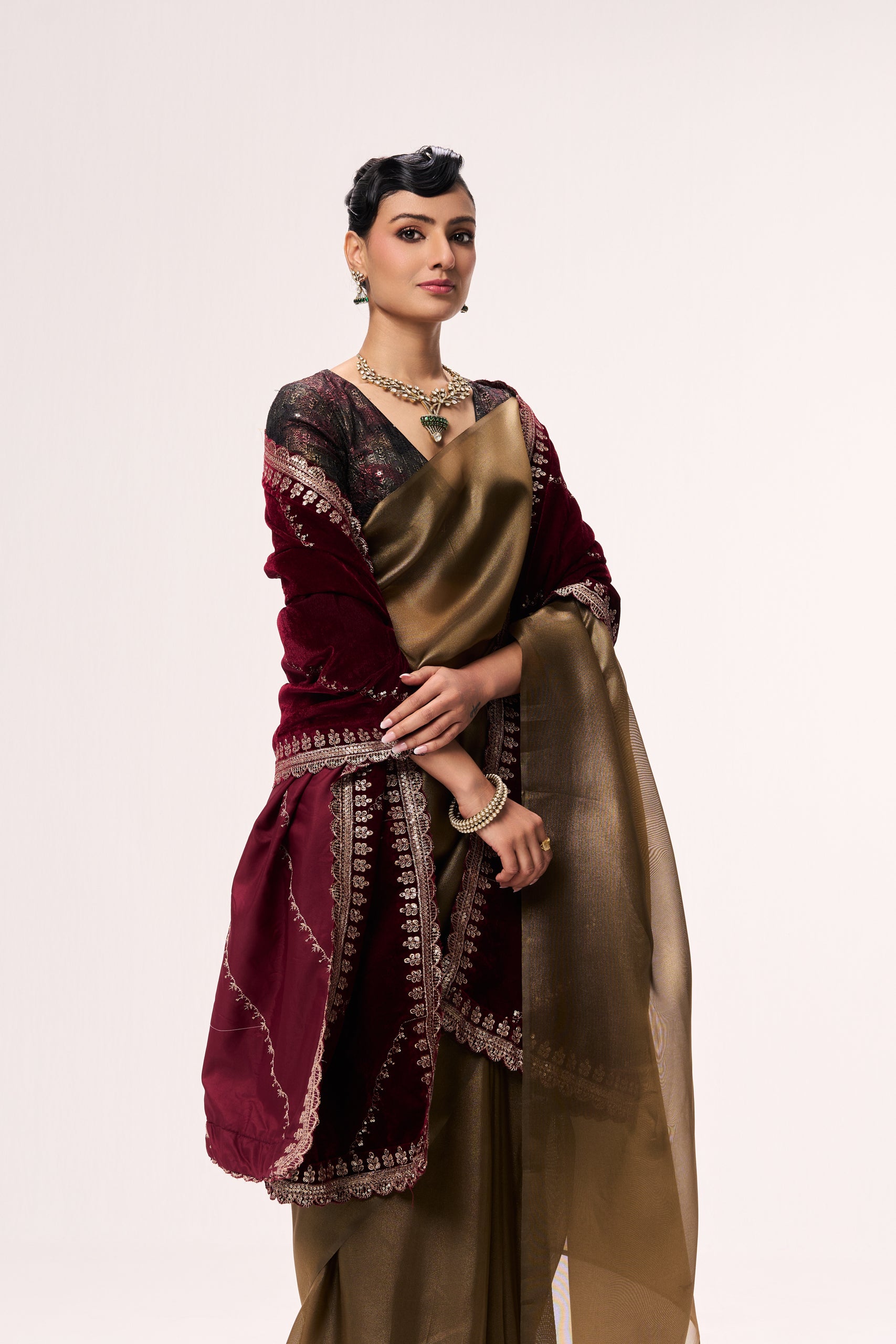 Bronze Foil Organza Saree with Embroidered Blouse Fabric