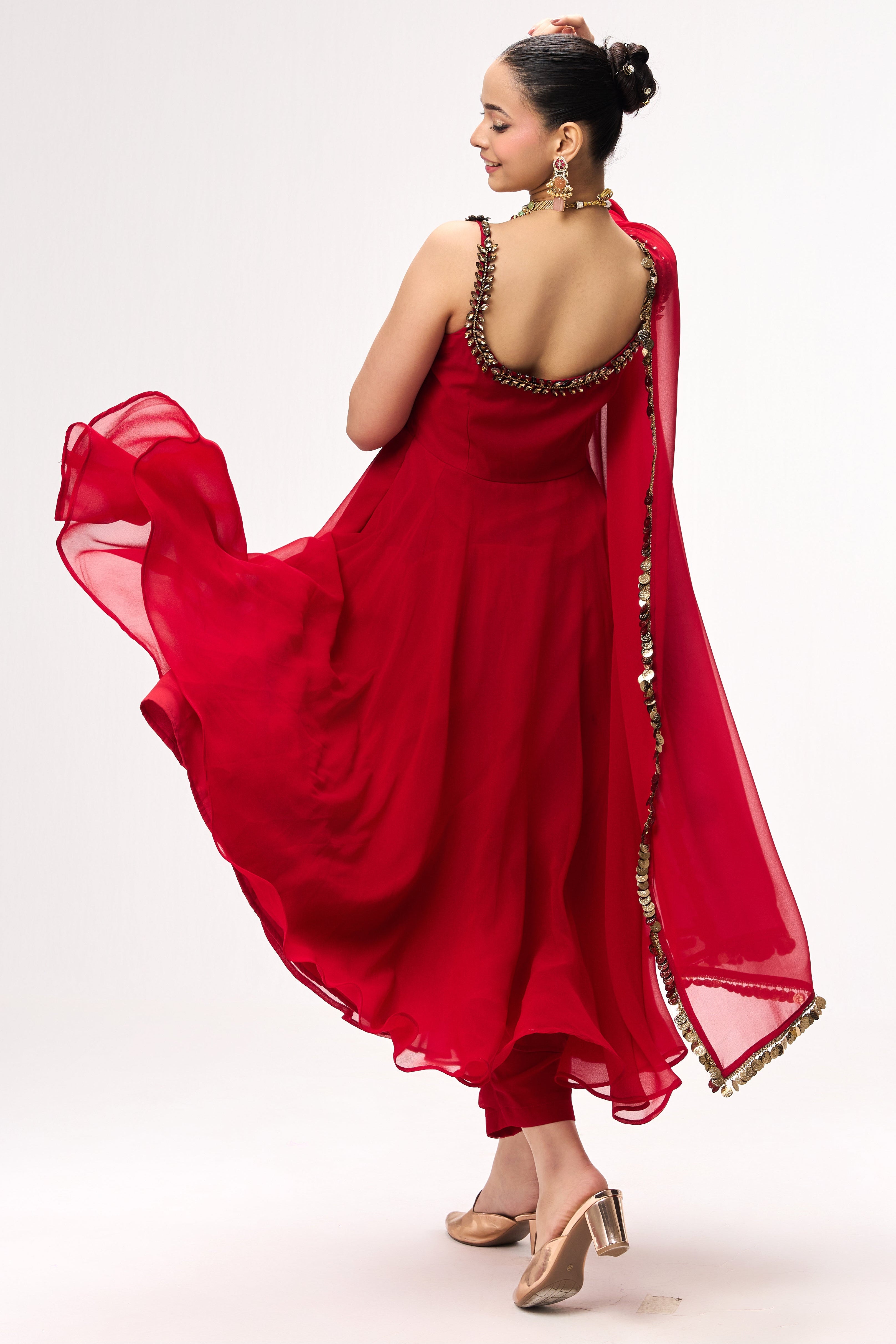 3 pc Suit Set - Power Red Georgette Glass Beads Front and Back Neck Sleeveless Anarkali Suit with Pants and Dupatta