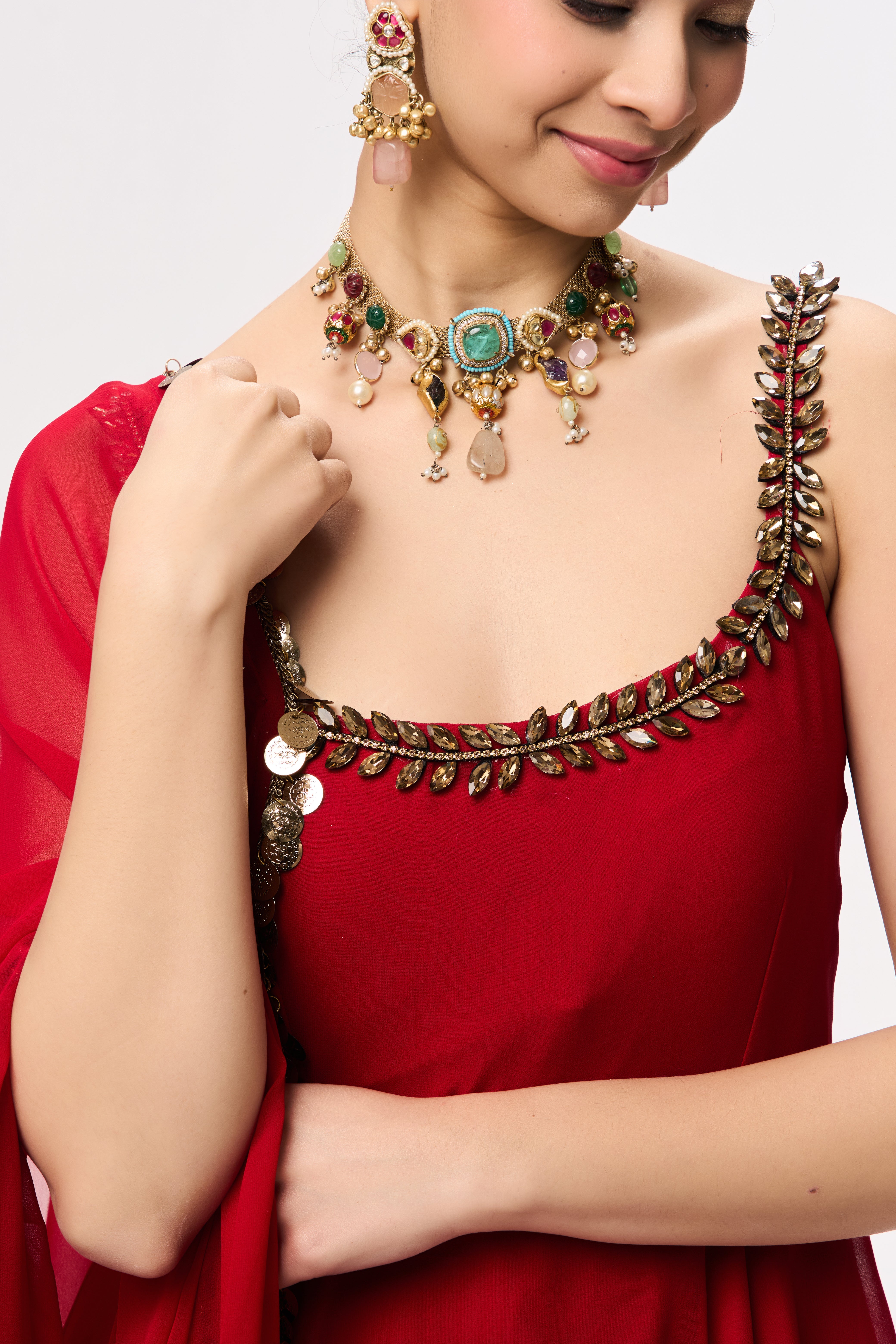 3 pc Suit Set - Power Red Georgette Glass Beads Front and Back Neck Sleeveless Anarkali Suit with Pants and Dupatta