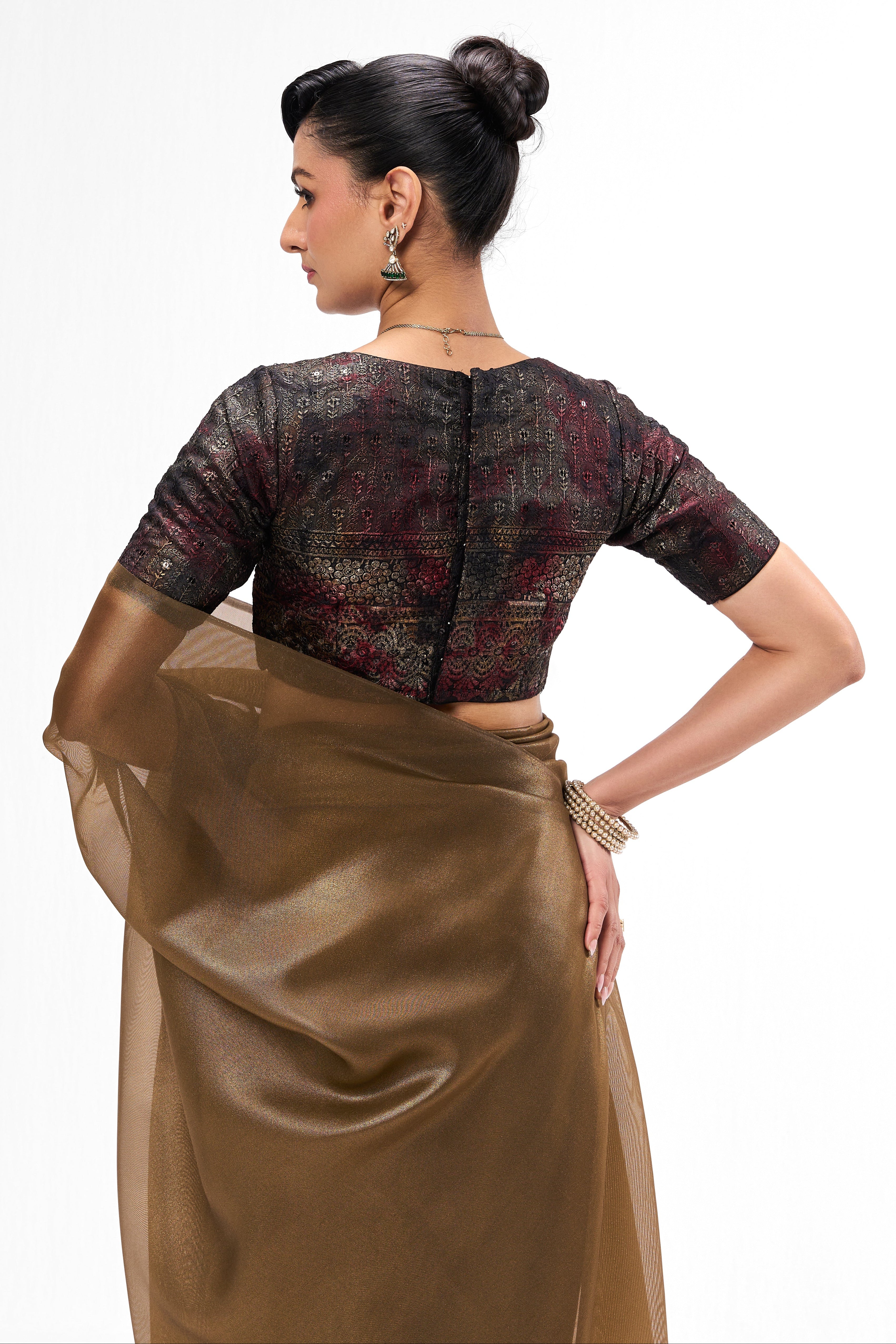Bronze Foil Organza Saree with Embroidered Blouse Fabric