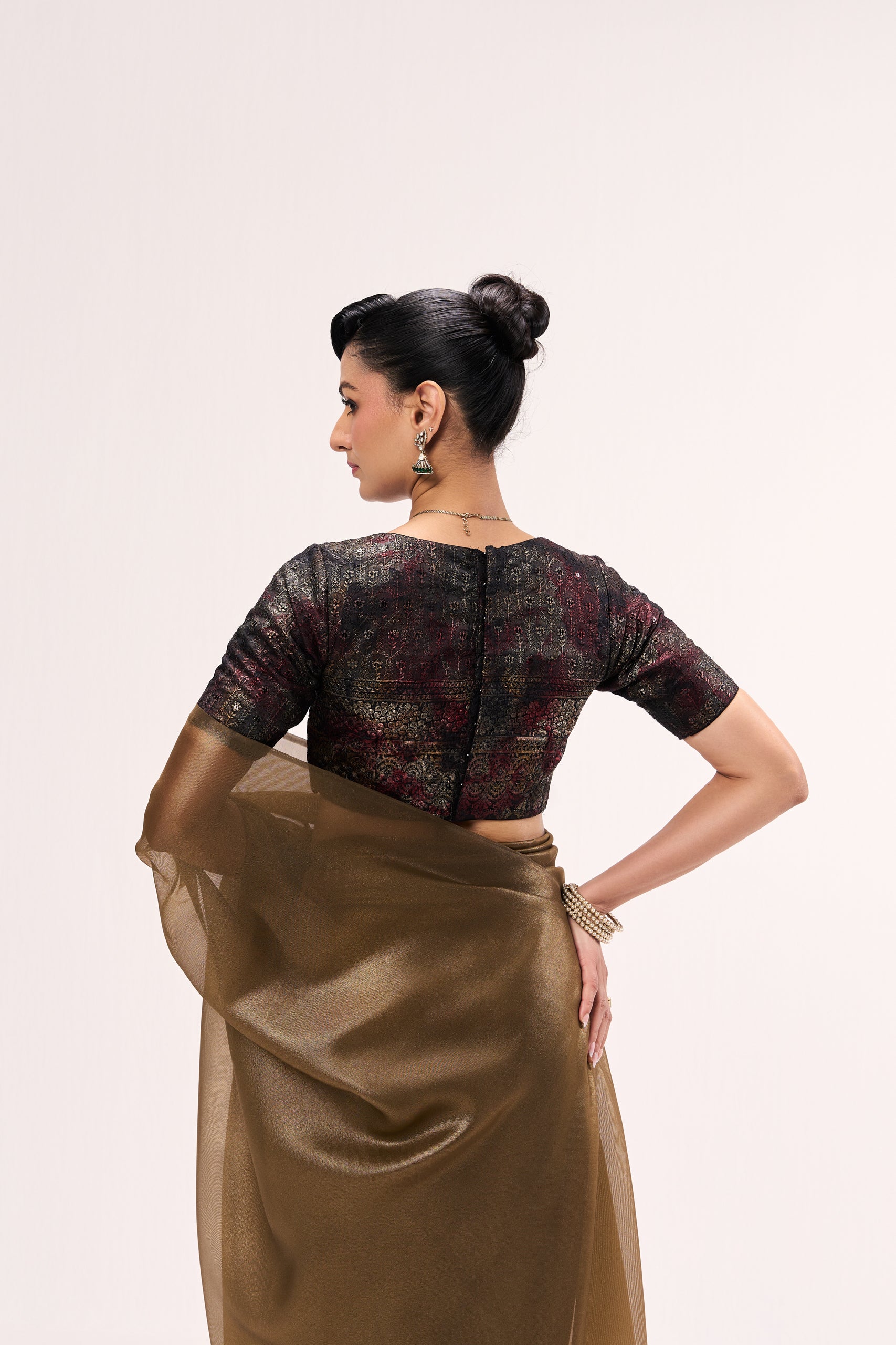 Bronze Foil Organza Saree with Embroidered Blouse Fabric