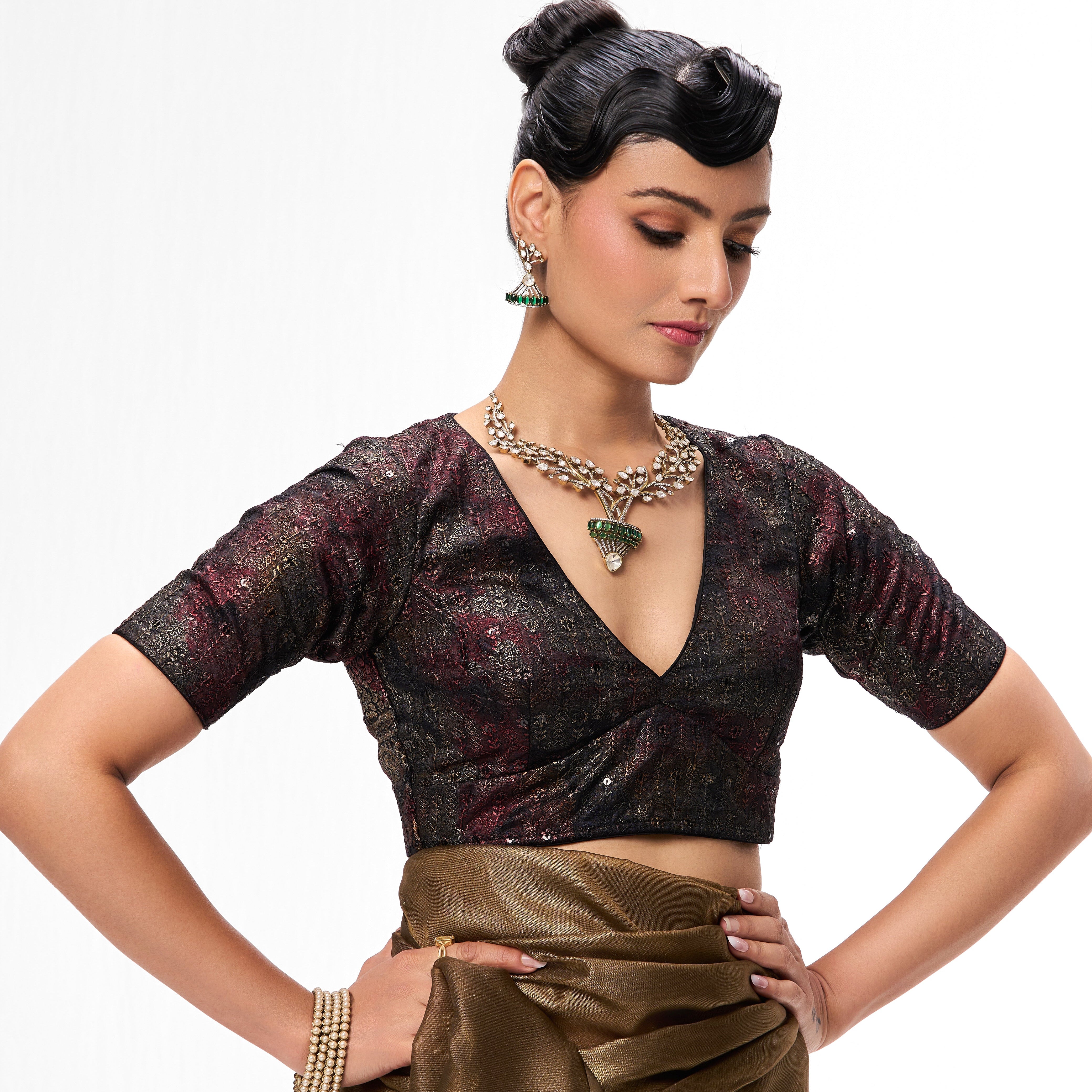 Bronze Foil Organza Saree with Embroidered Blouse Fabric