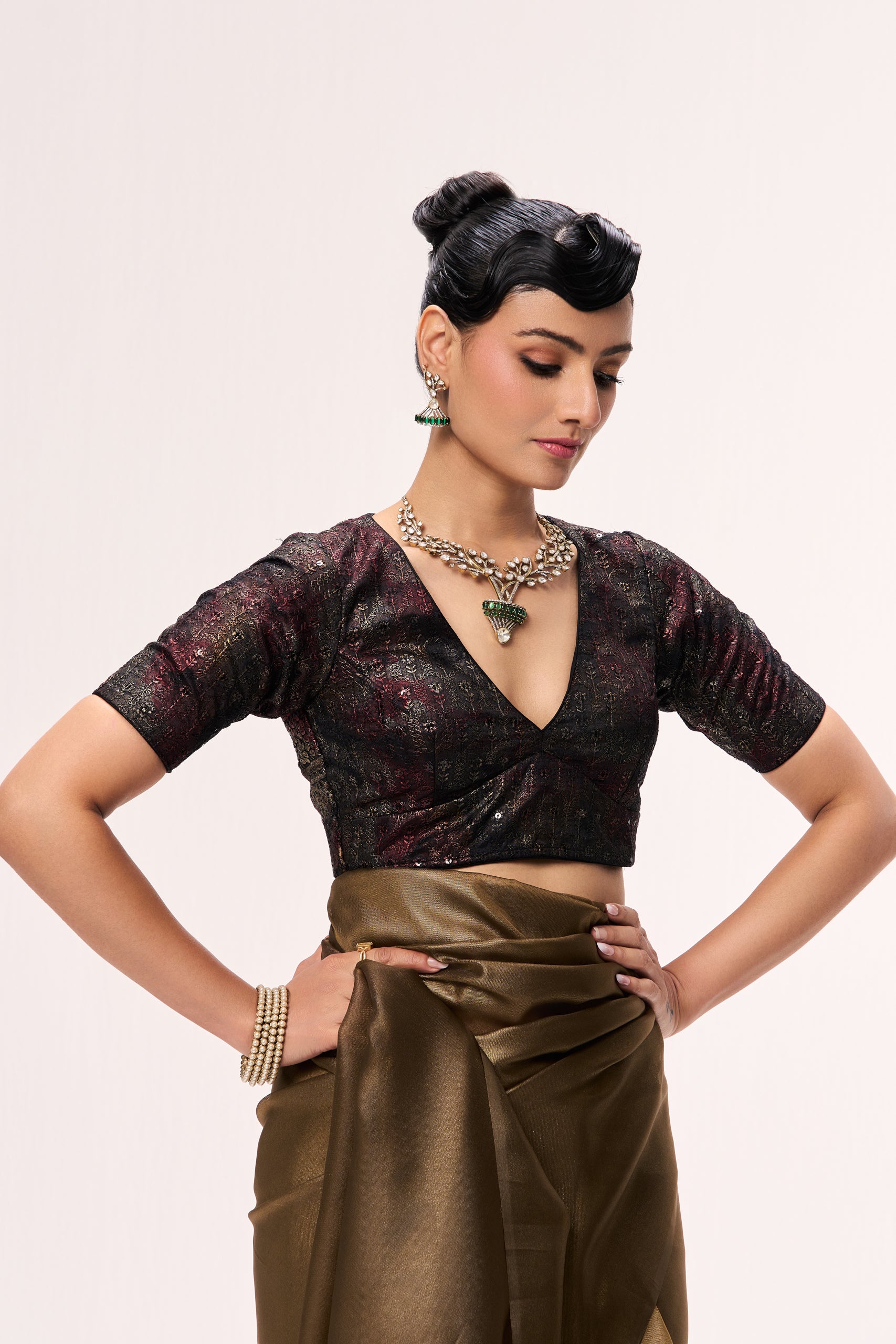 Bronze Foil Organza Saree with Embroidered Blouse Fabric