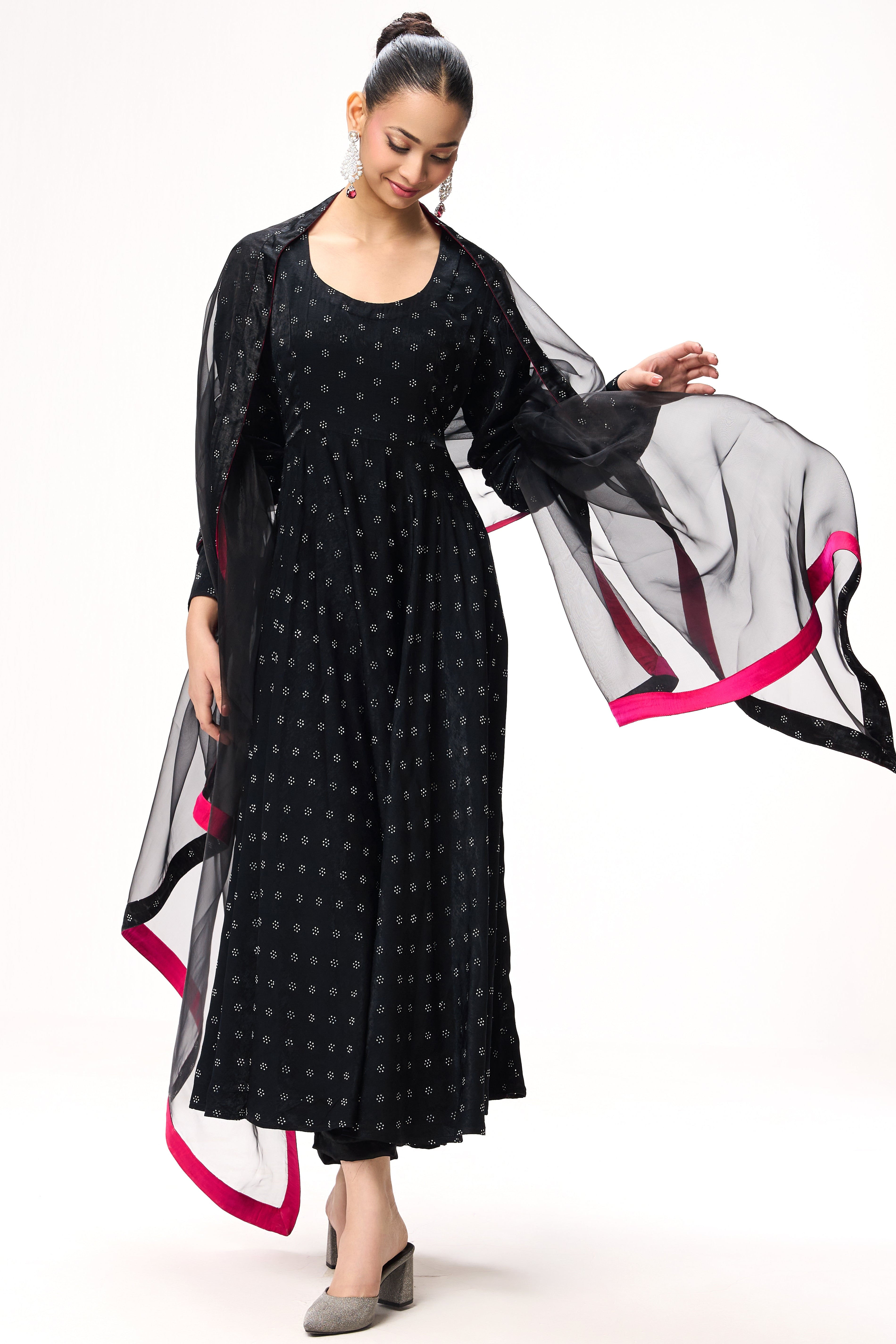 3 pc Suit Set - Black Silver Posh Long Sleeve Anarkali Suit with Pants and Glass Dupatta with Border