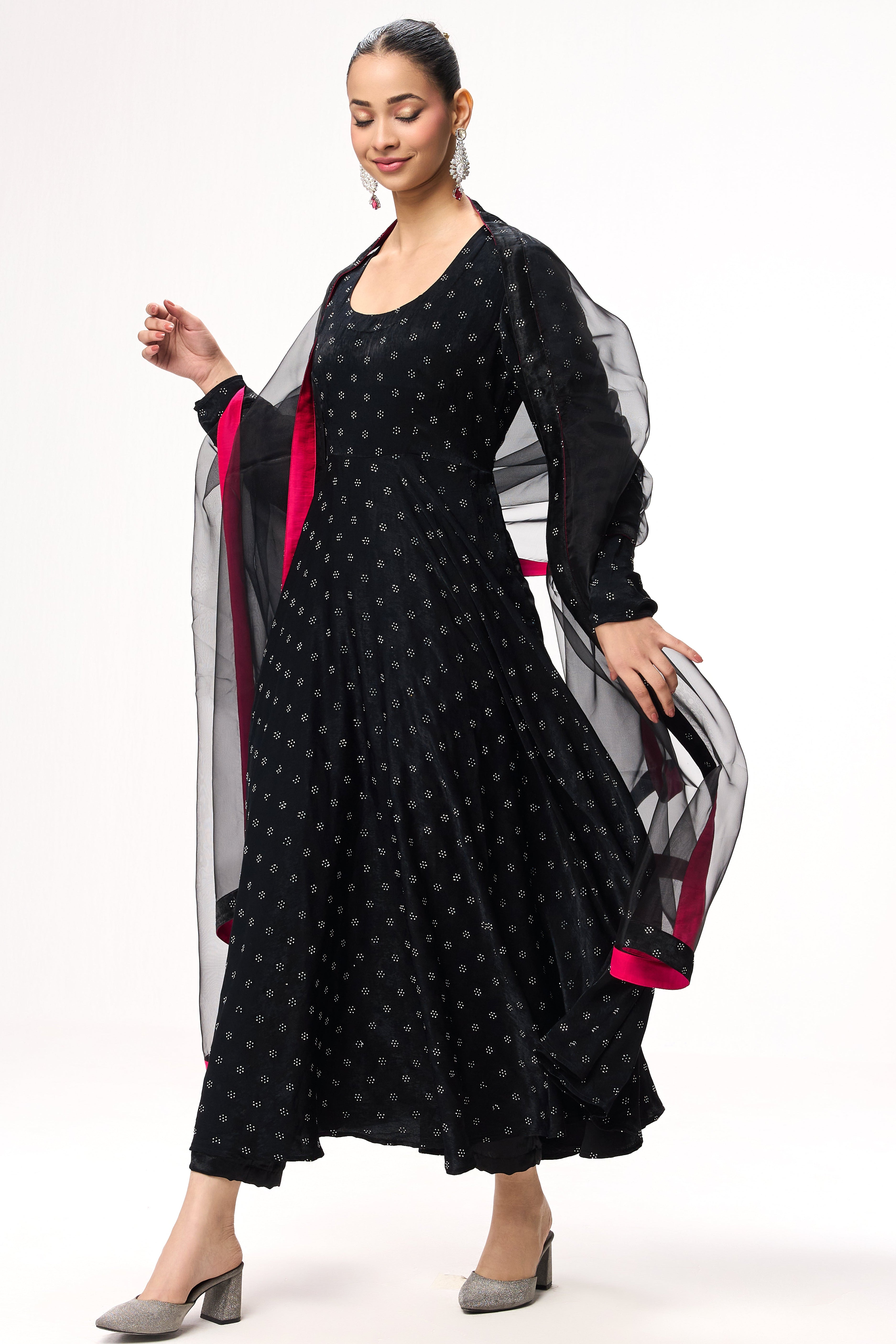 3 pc Suit Set - Black Silver Posh Long Sleeve Anarkali Suit with Pants and Glass Dupatta with Border