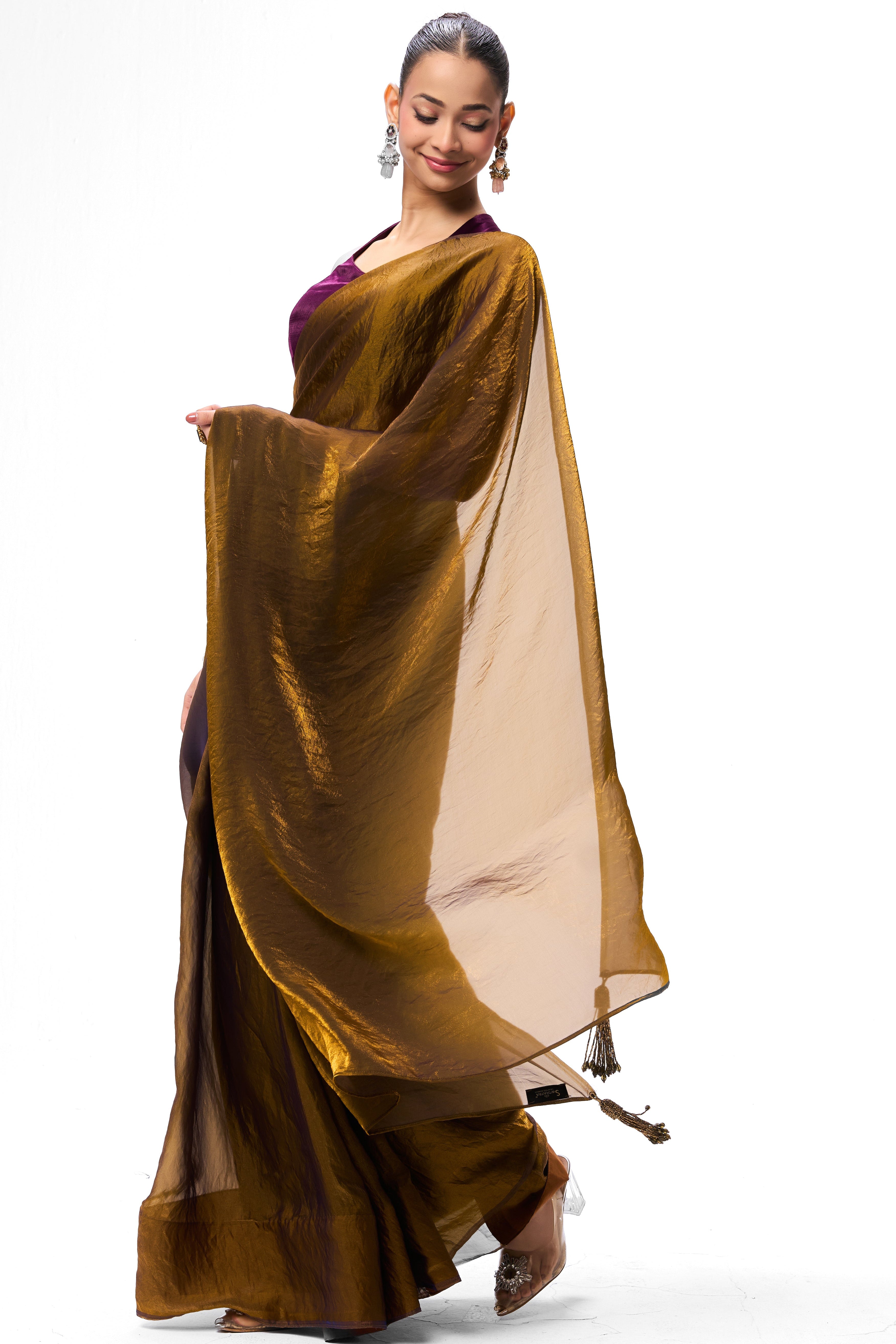 Gold Purple Metallic Satin Saree with Purple Sequin Readymade Blouse