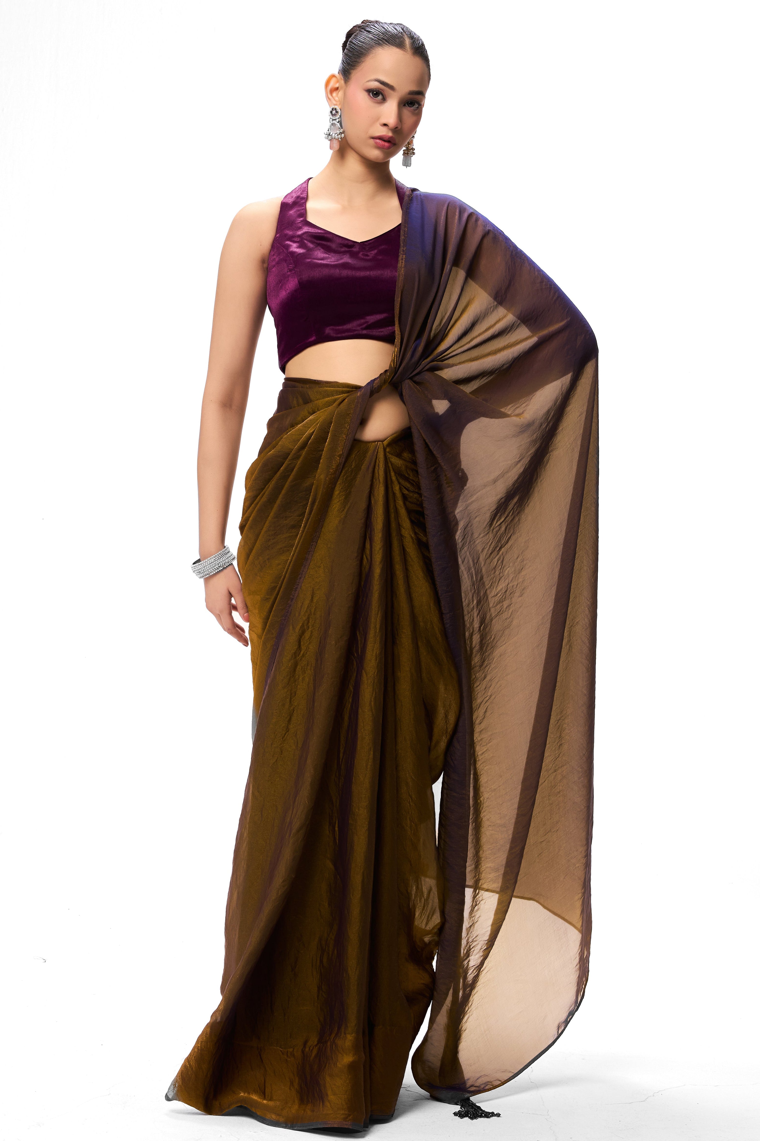 Gold Purple Metallic Satin Saree with Purple Sequin Readymade Blouse
