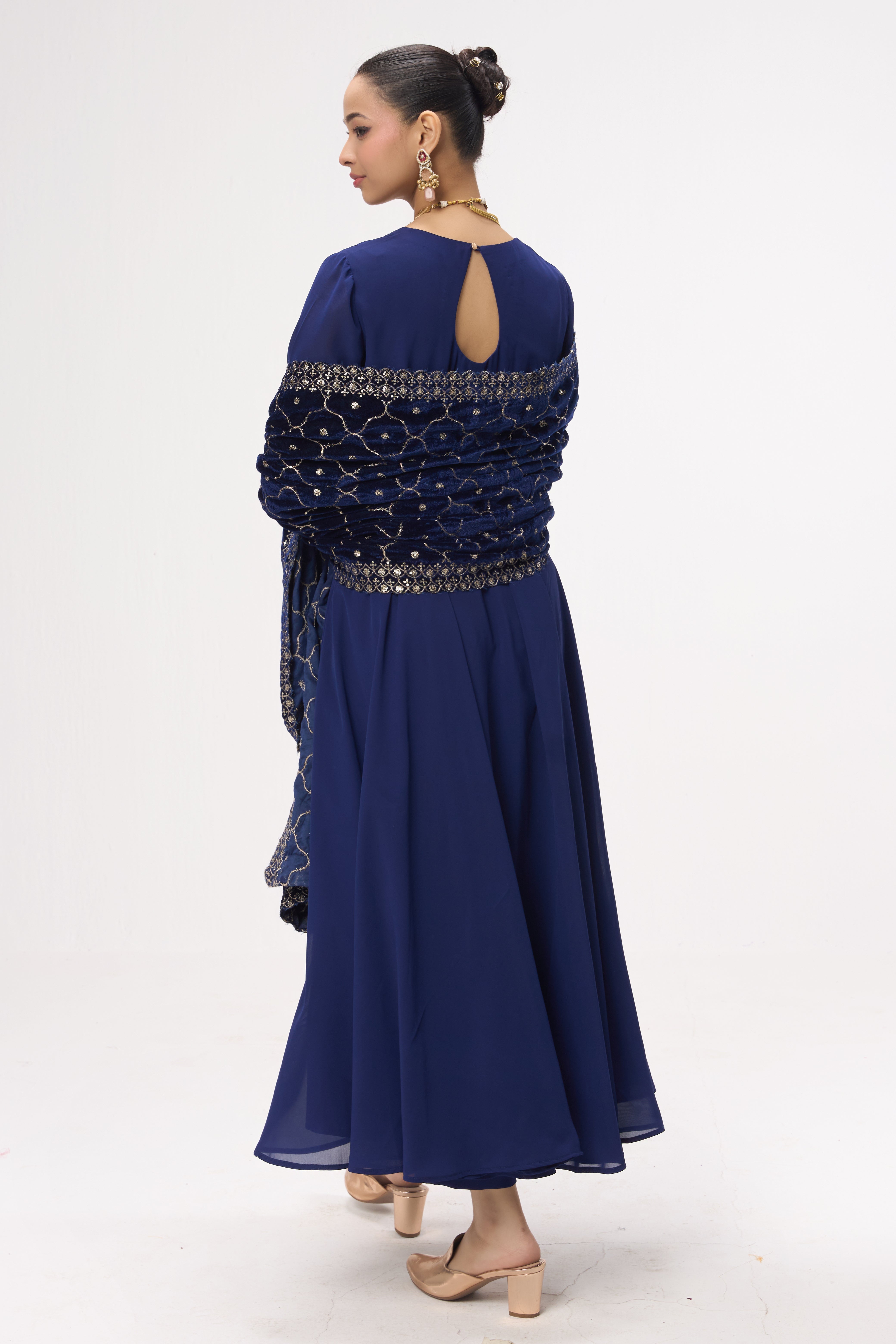 3 pc Suit Set - Blue Georgette Long Sleeve Anarkali Suit with Pants and Embrodiered Velvet Dupatta Shawl