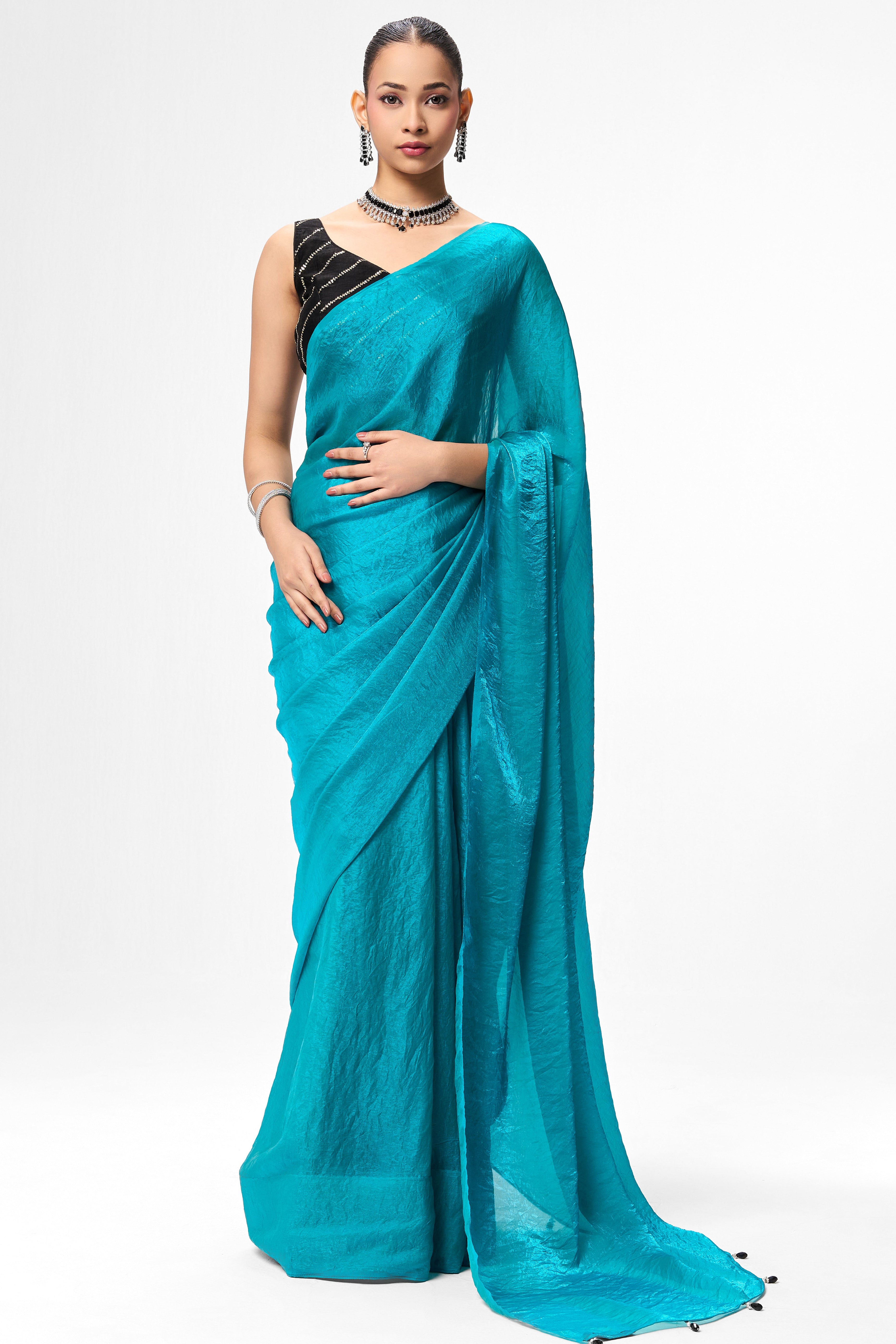 Azure Blue Metallic Satin Saree with Black Sequin Readymade Blouse