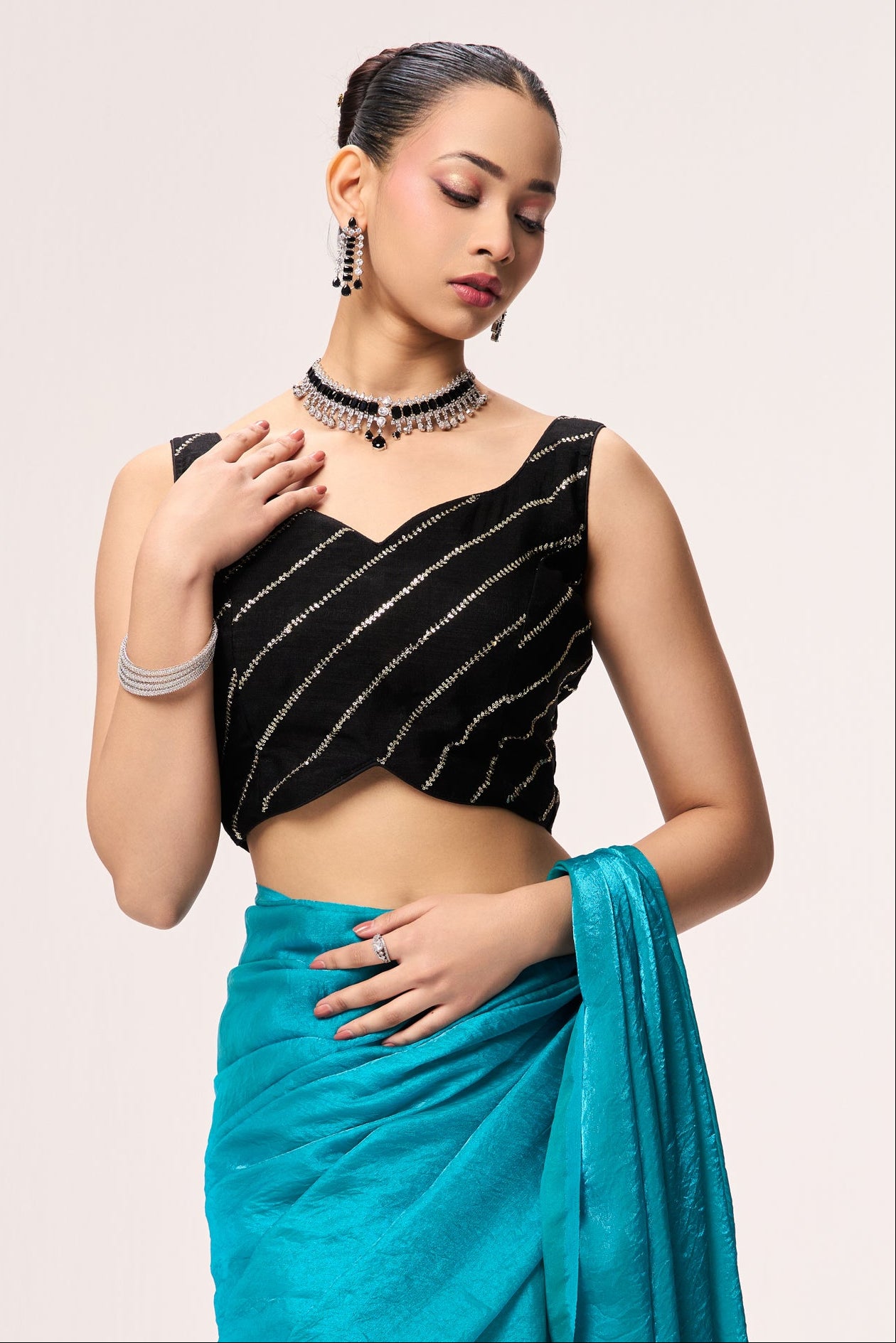 Black Sequin Stripe Blouse – Free-Size Adjustable 32–40 inches | Partywear Ready-to-Wear Blouse