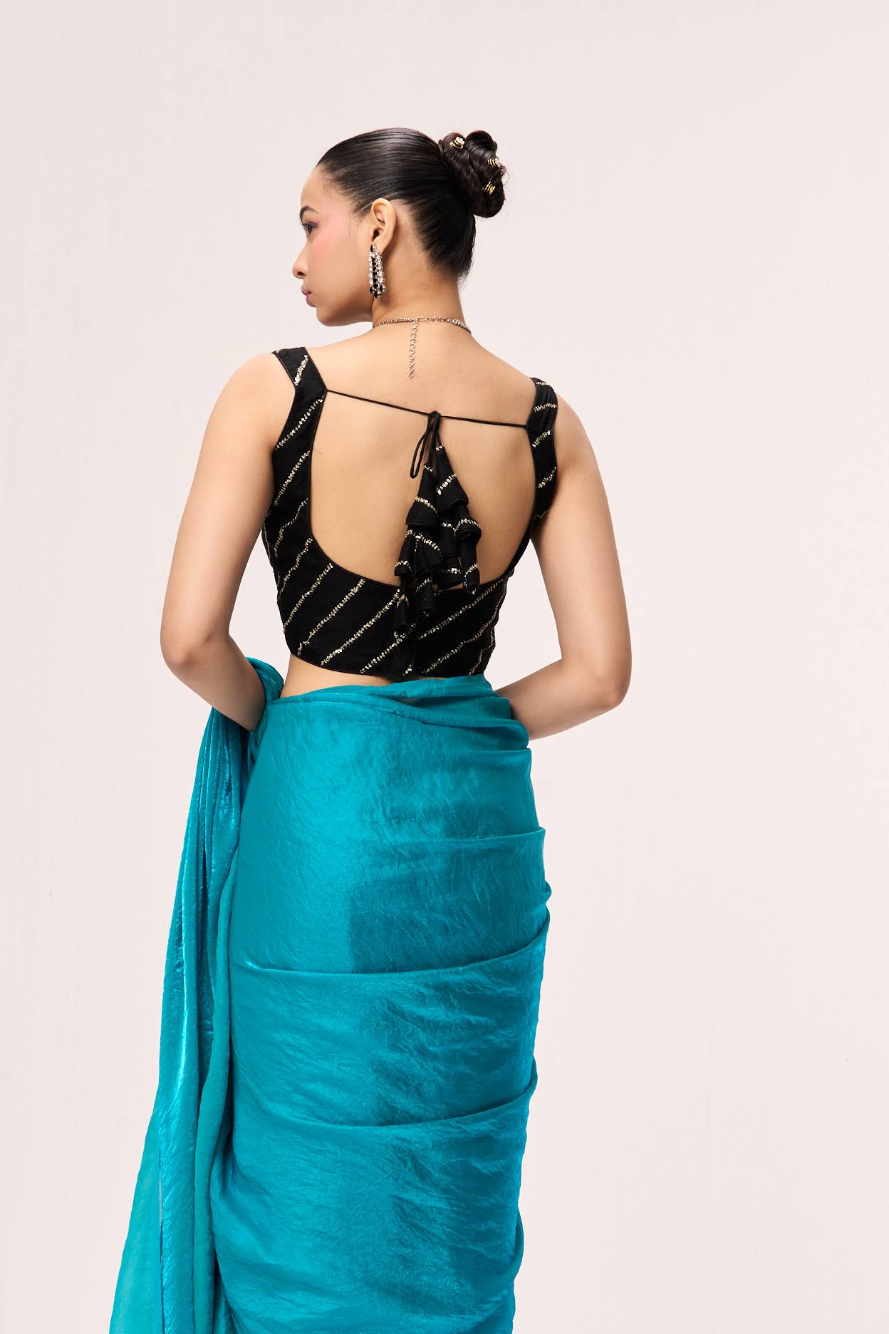 With Readymade Blouse - Azure Blue Metallic Satin Saree with Black Sequin Readymade Blouse