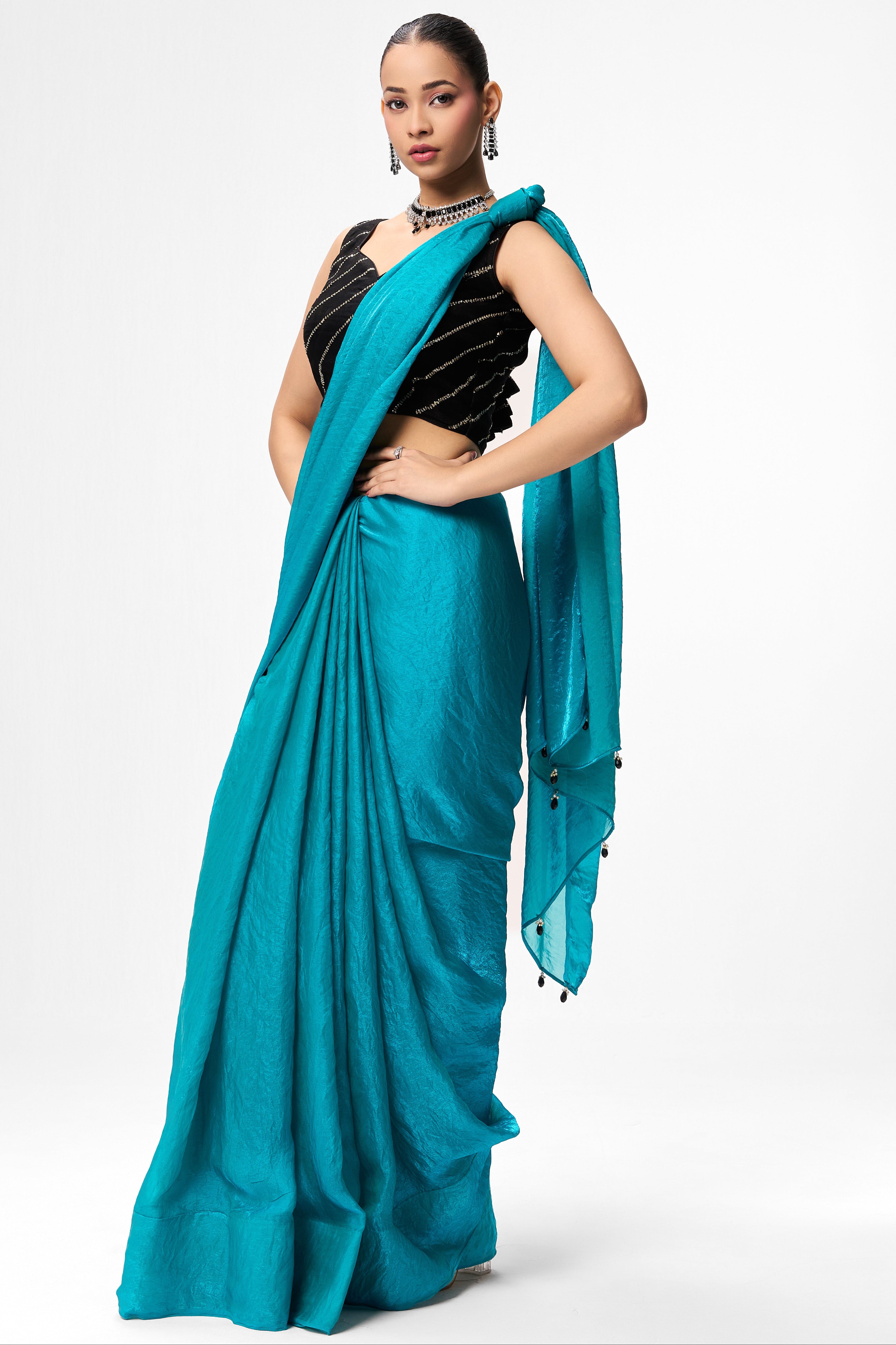 Black Sequin Stripe Blouse – Free-Size Adjustable 32–40 inches | Partywear Ready-to-Wear Blouse