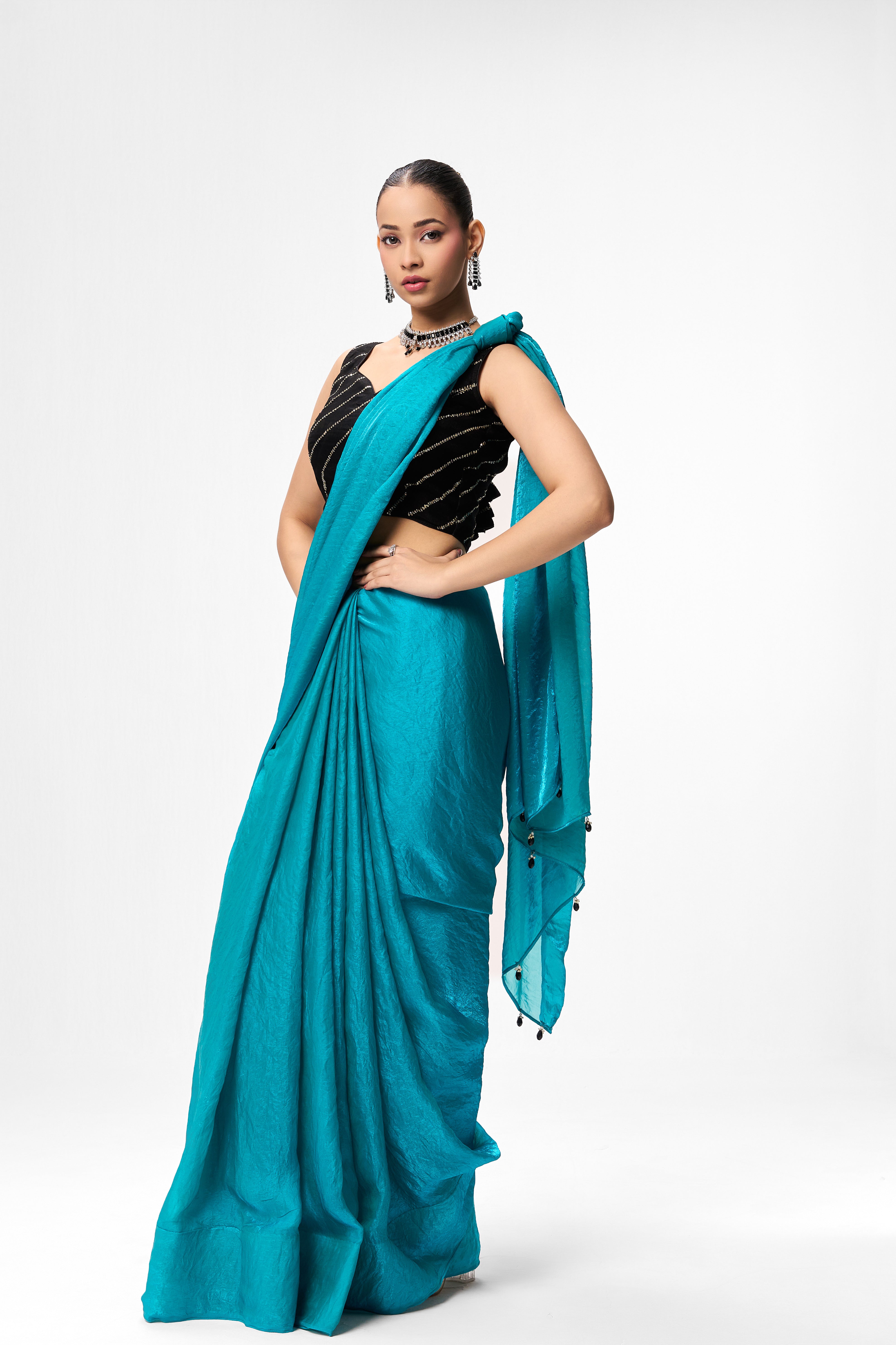 With Readymade Blouse - Azure Blue Metallic Satin Saree with Black Sequin Readymade Blouse