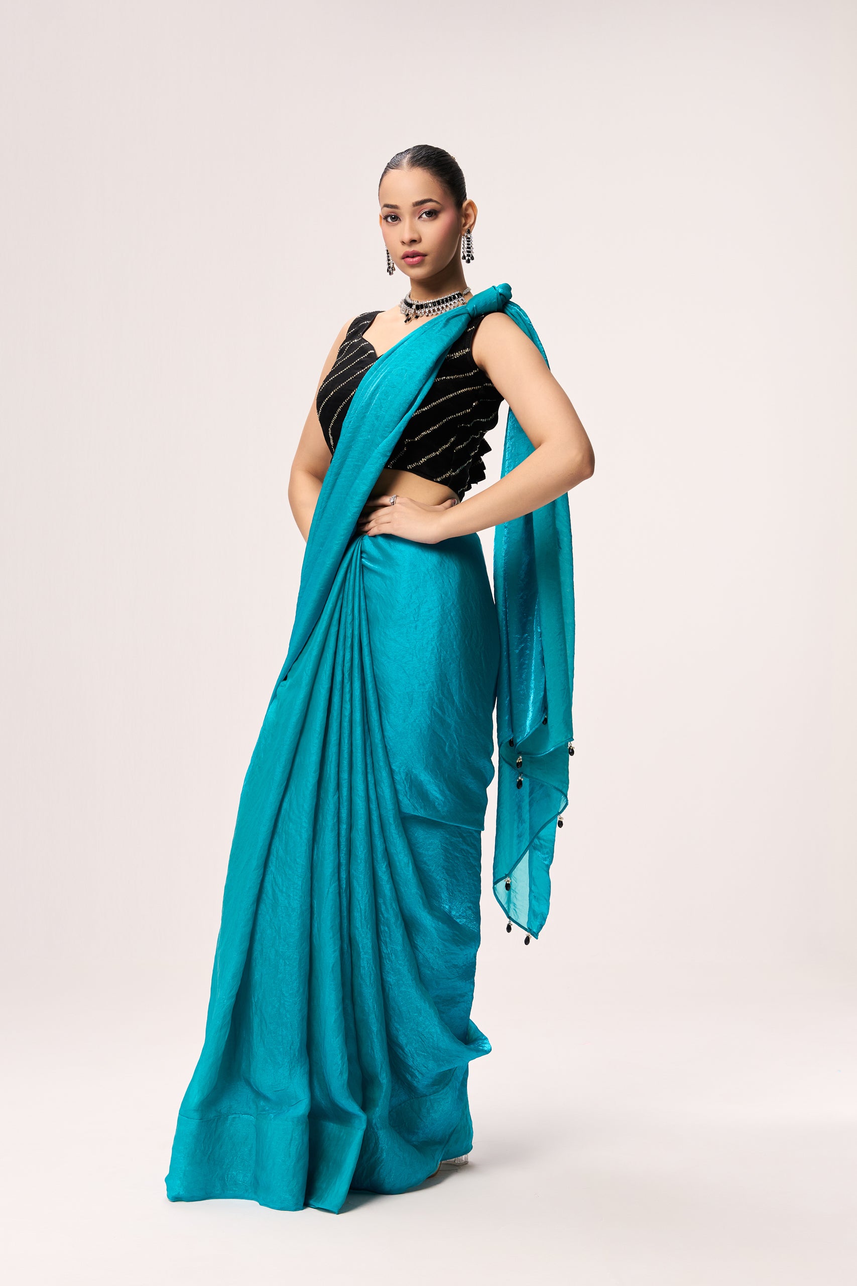 Azure Blue Metallic Satin Saree with Black Sequin Readymade Blouse