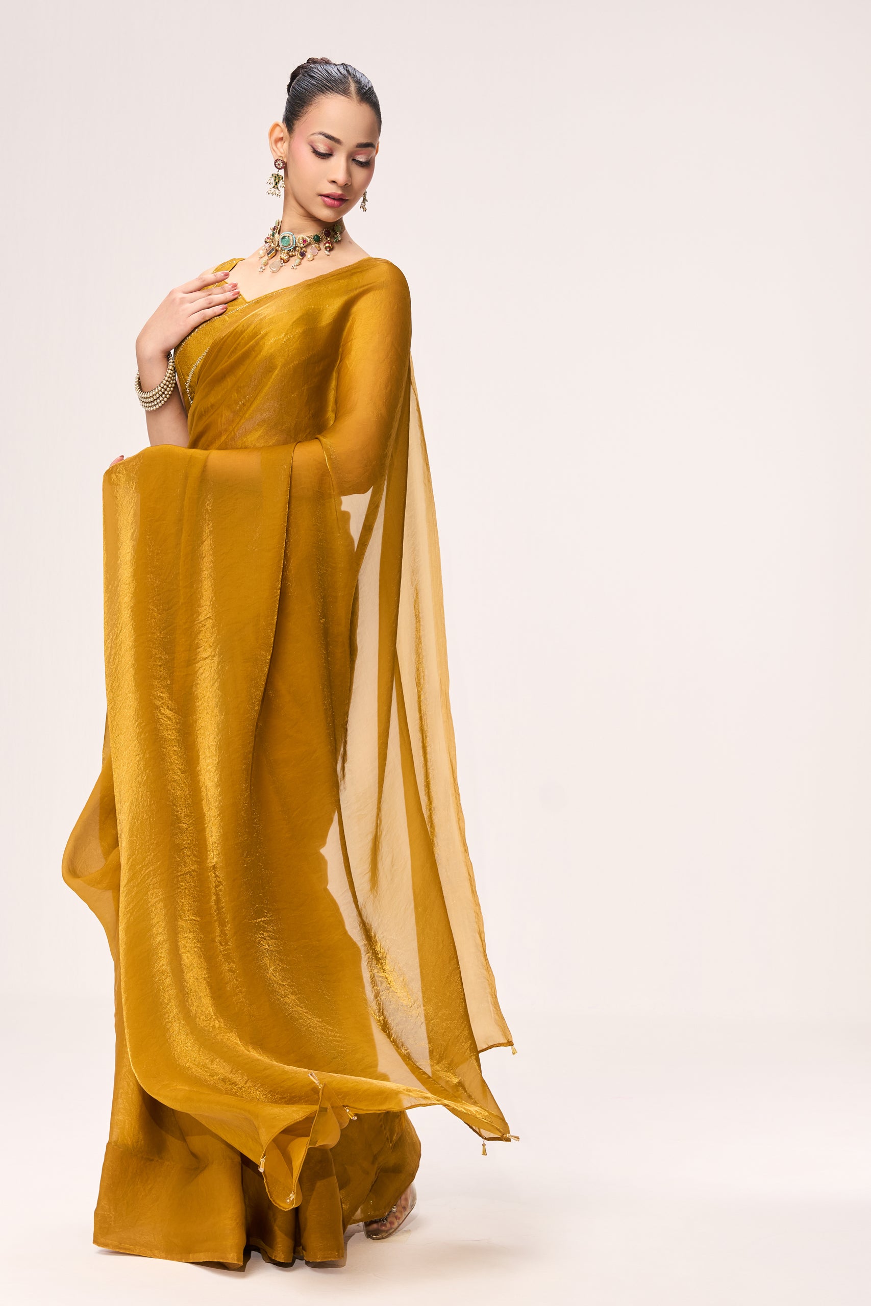 Yellow Metallic Satin Saree with Yellow Sequin Readymade Blouse
