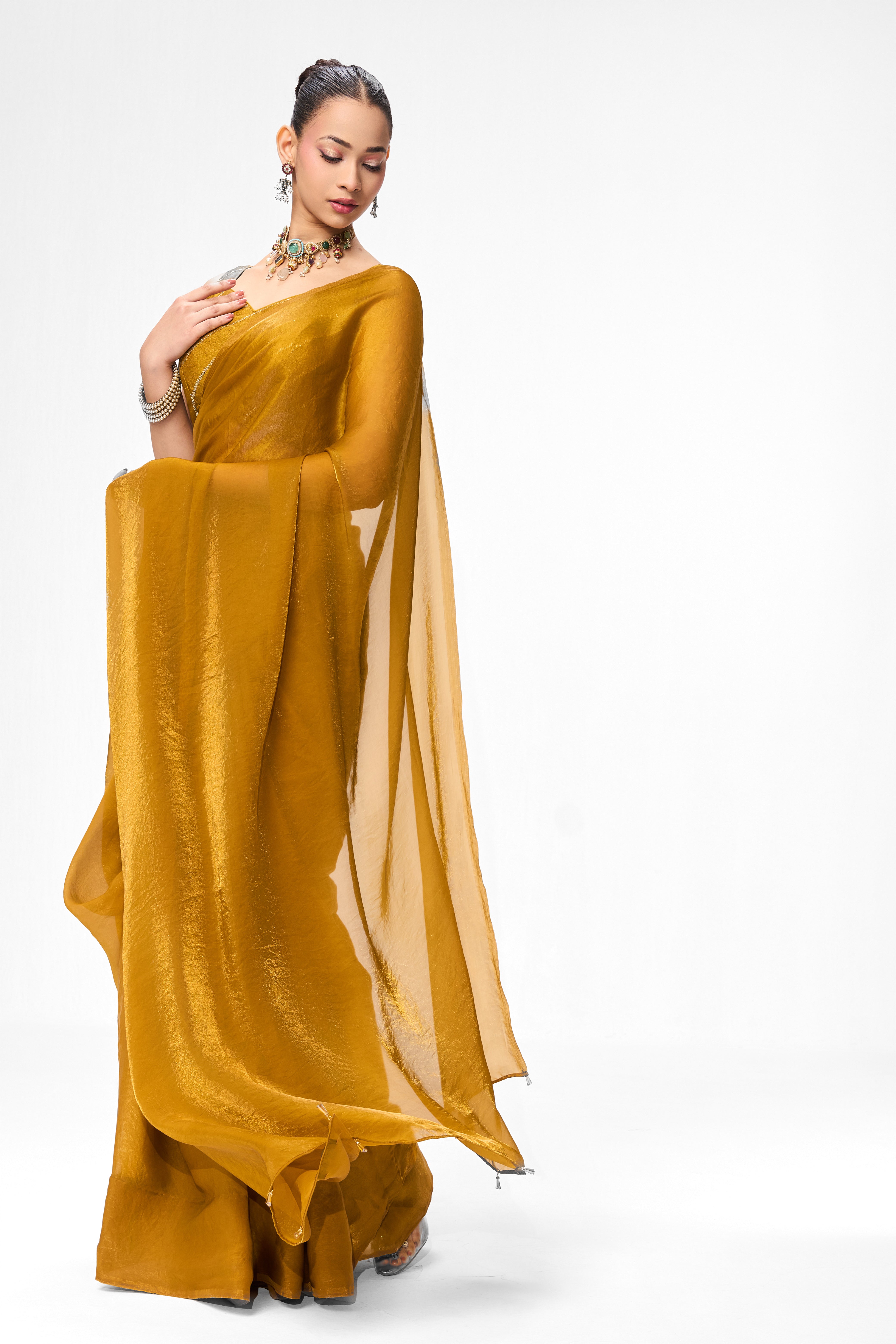 With Readymade Blouse - Yellow Metallic Satin Saree with Yellow Sequin Readymade Blouse