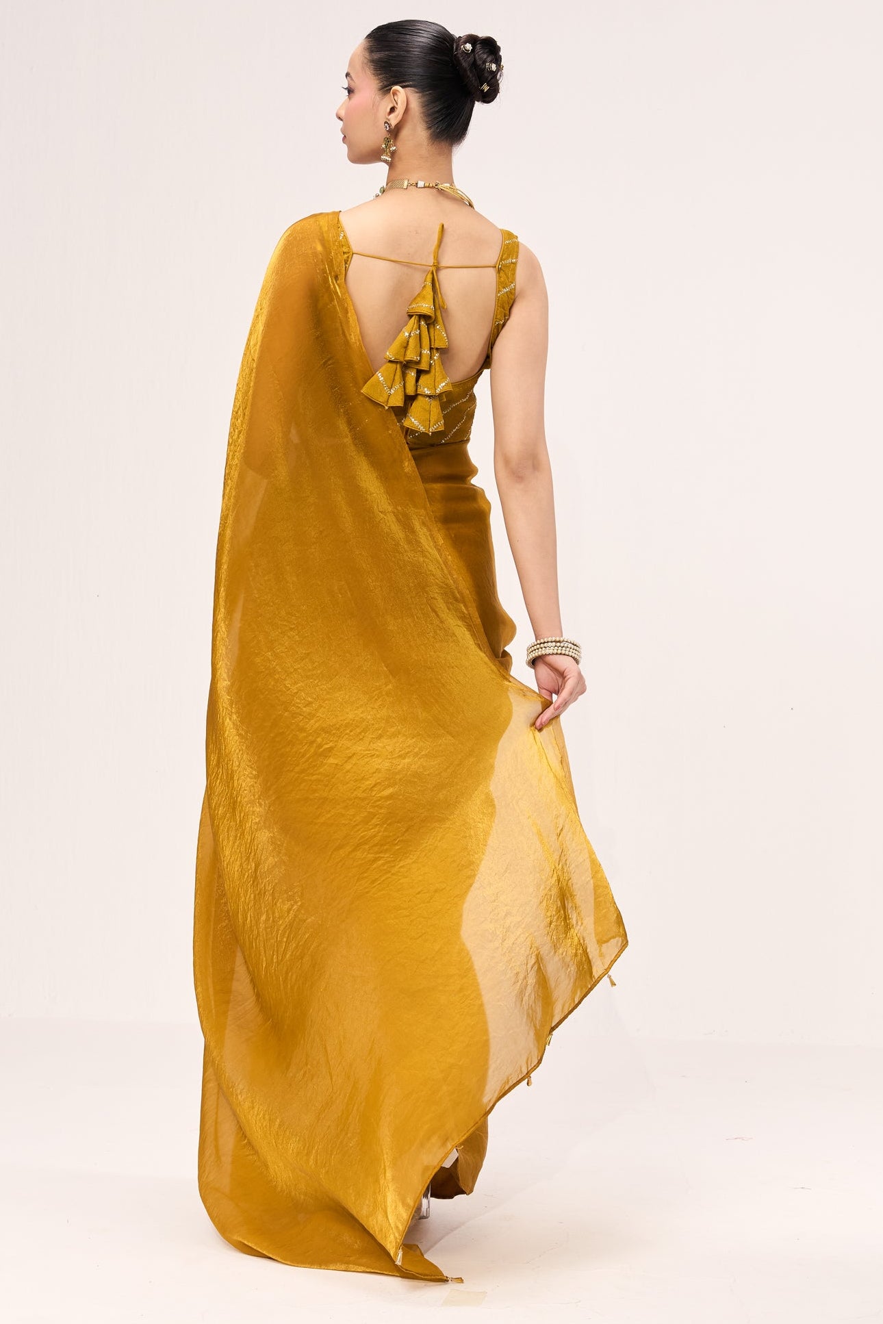 Yellow Metallic Satin Saree with Yellow Sequin Readymade Blouse