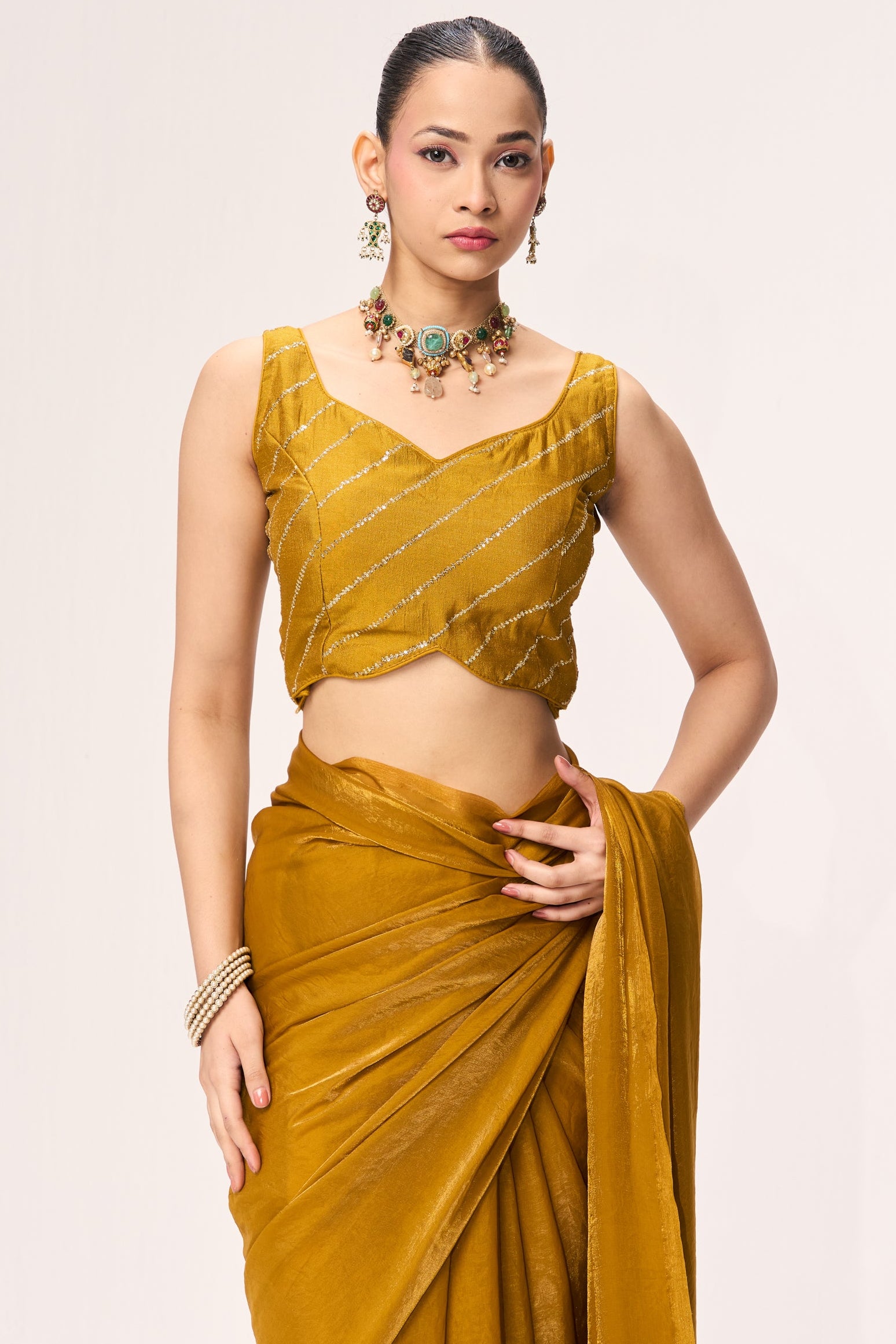 Yellow Metallic Satin Saree with Yellow Sequin Readymade Blouse