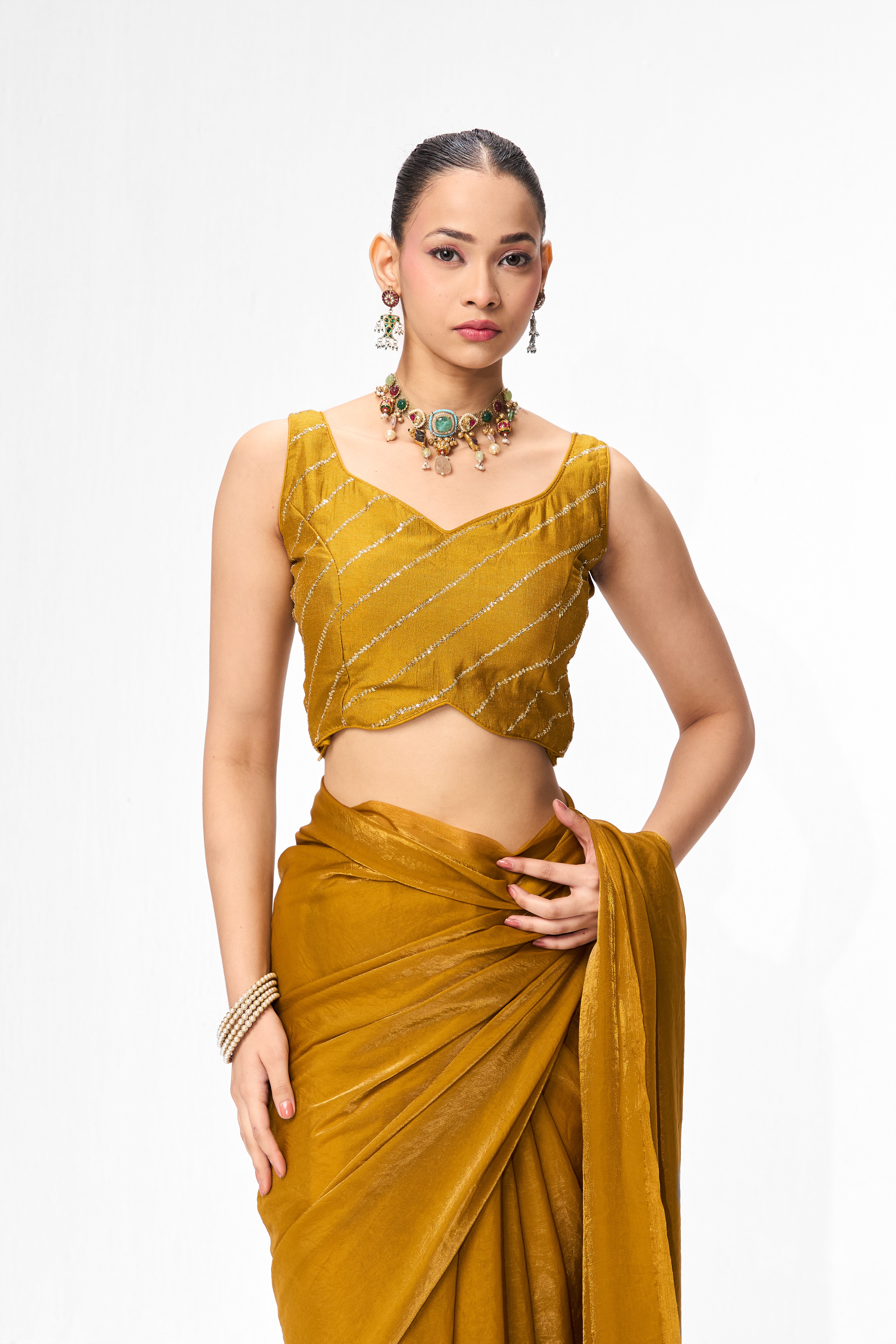 Yellow Metallic Satin Saree with Yellow Sequin Readymade Blouse