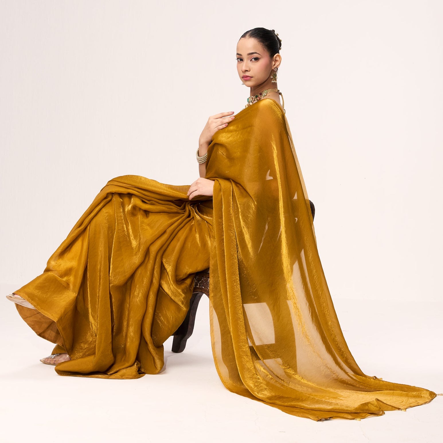 Yellow Metallic Satin Saree with Yellow Sequin Readymade Blouse