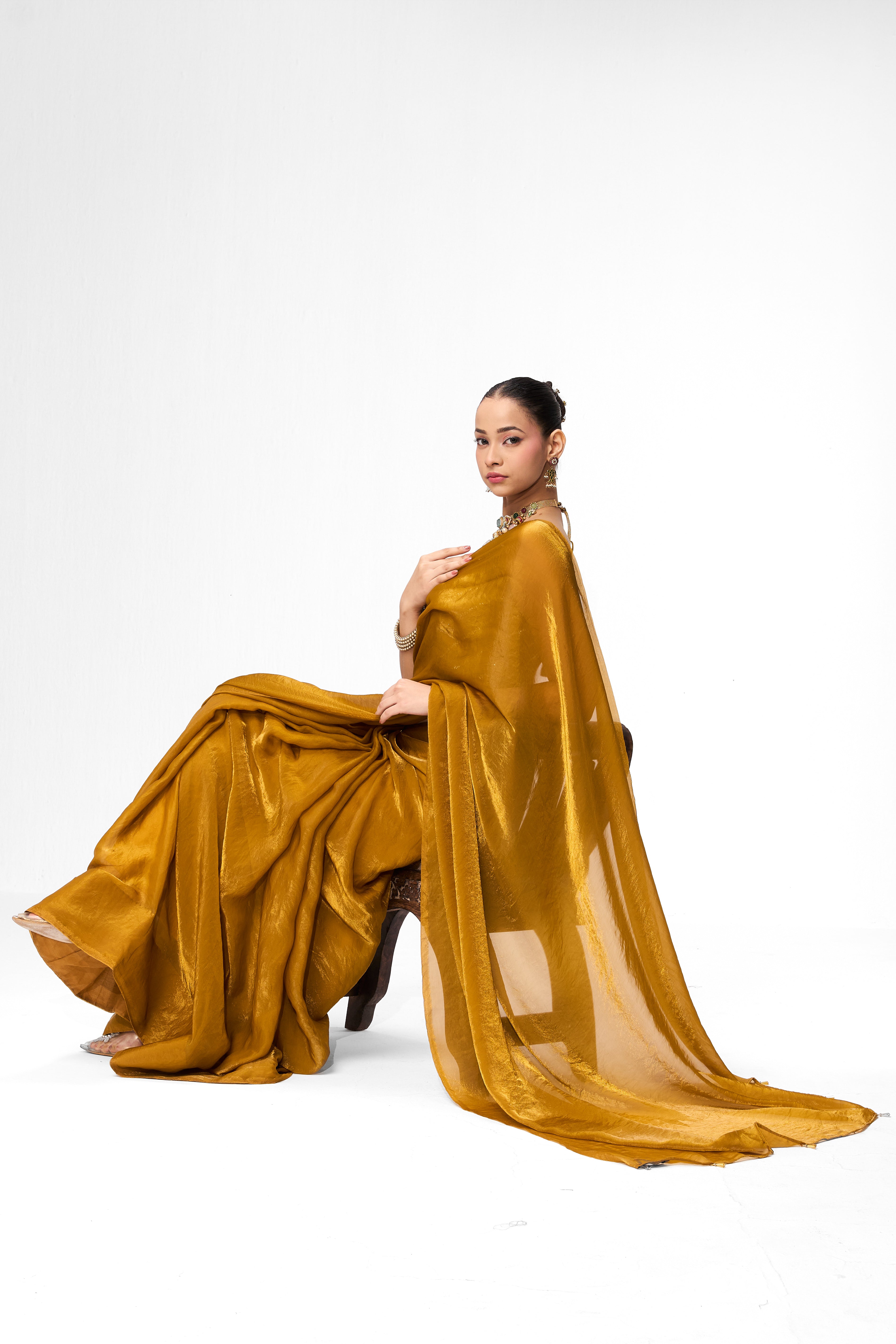 With Readymade Blouse - Yellow Metallic Satin Saree with Yellow Sequin Readymade Blouse