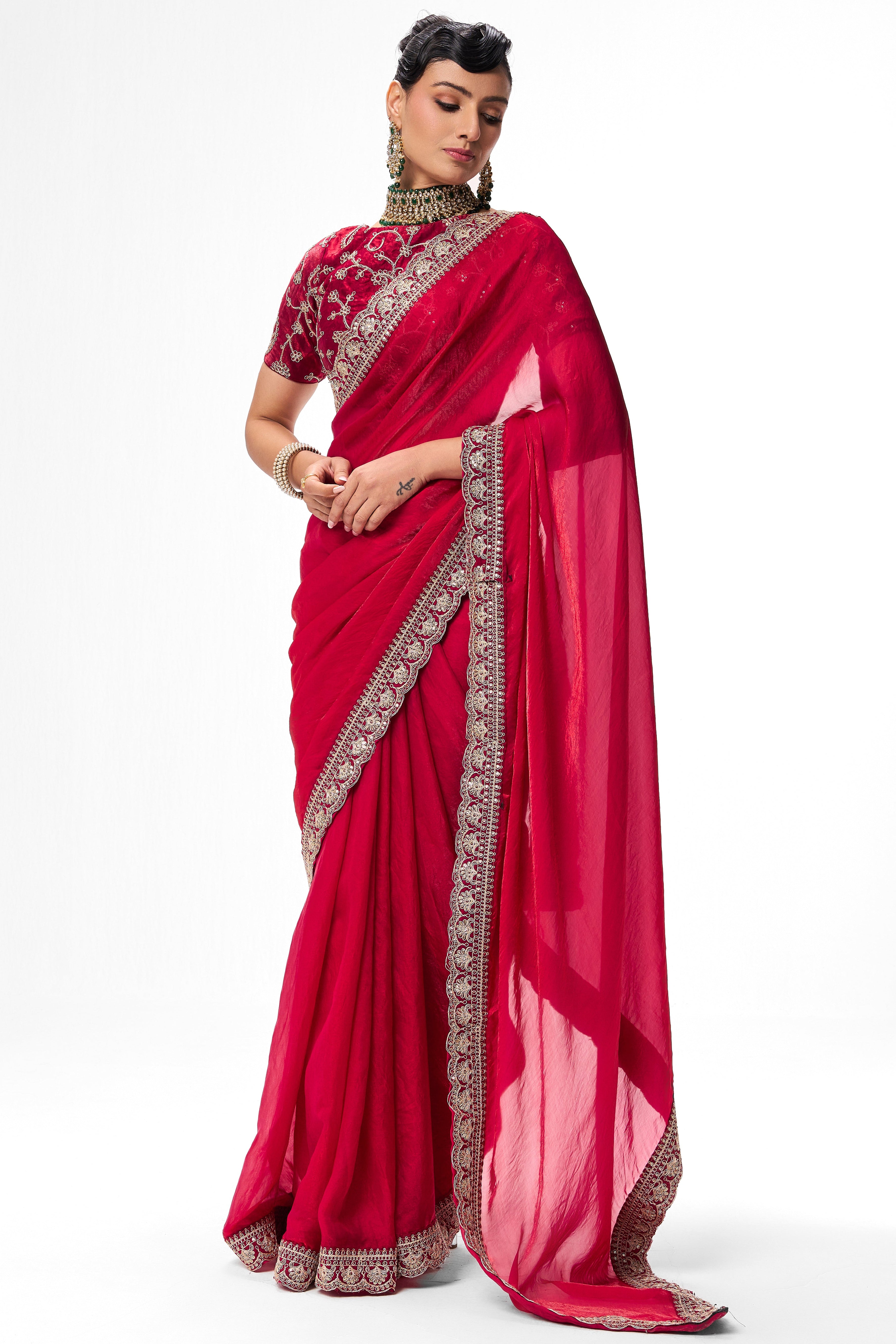 Red Pink Embroidered Metallic Satin Saree with Blouse Fabric