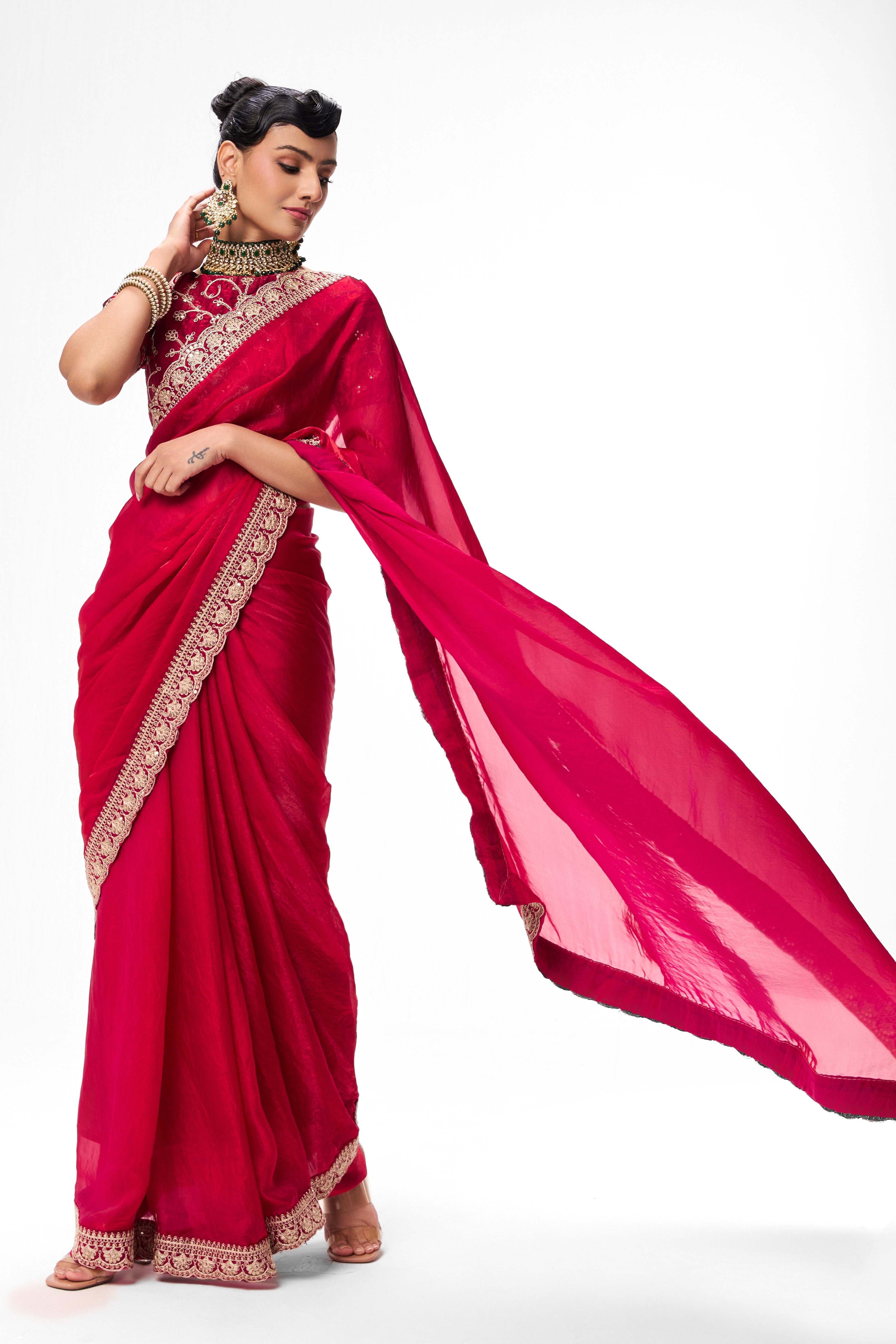 Red Pink Embroidered Metallic Satin Saree with Blouse Fabric