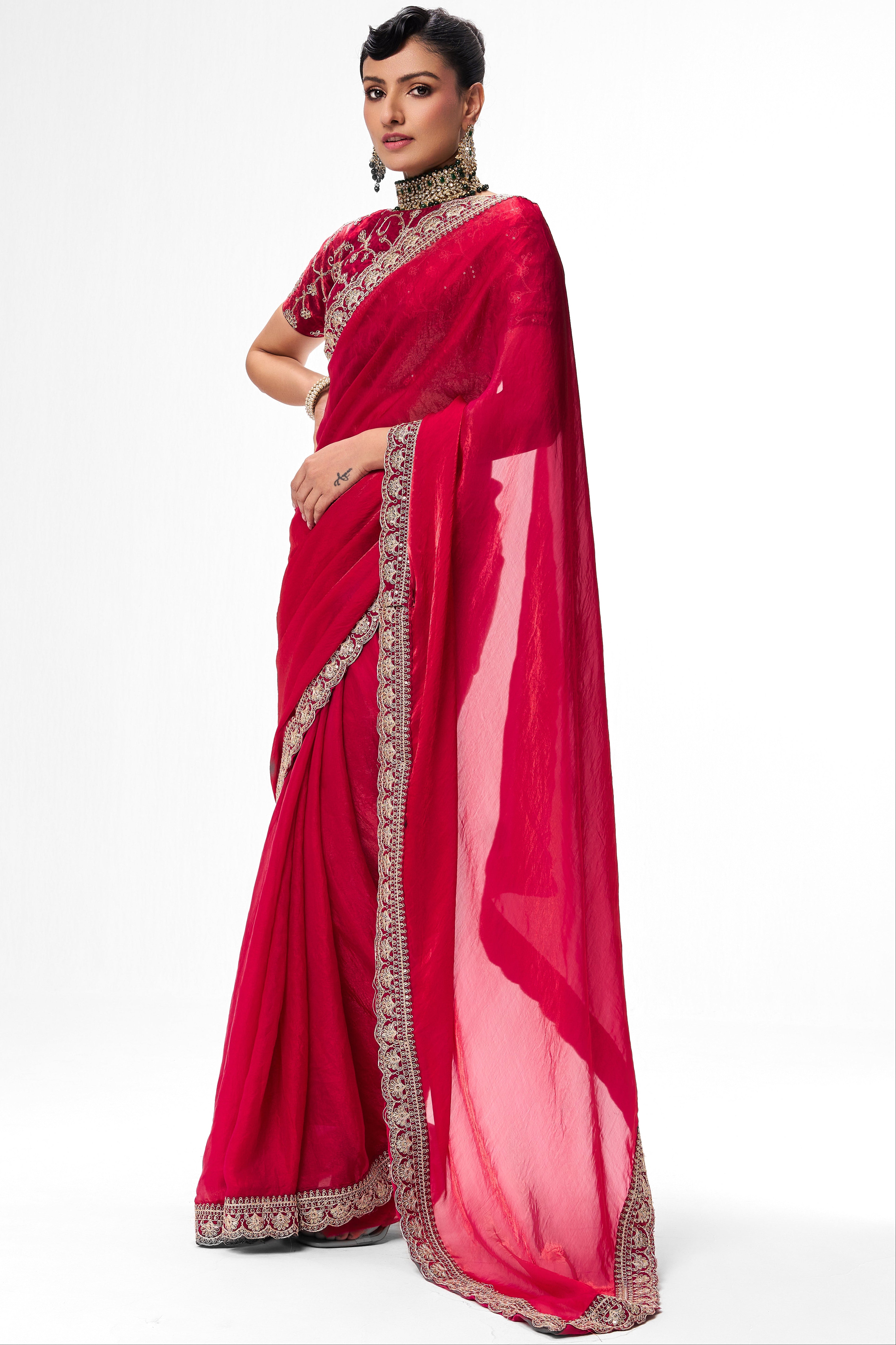 Red Pink Embroidered Metallic Satin Saree with Blouse Fabric