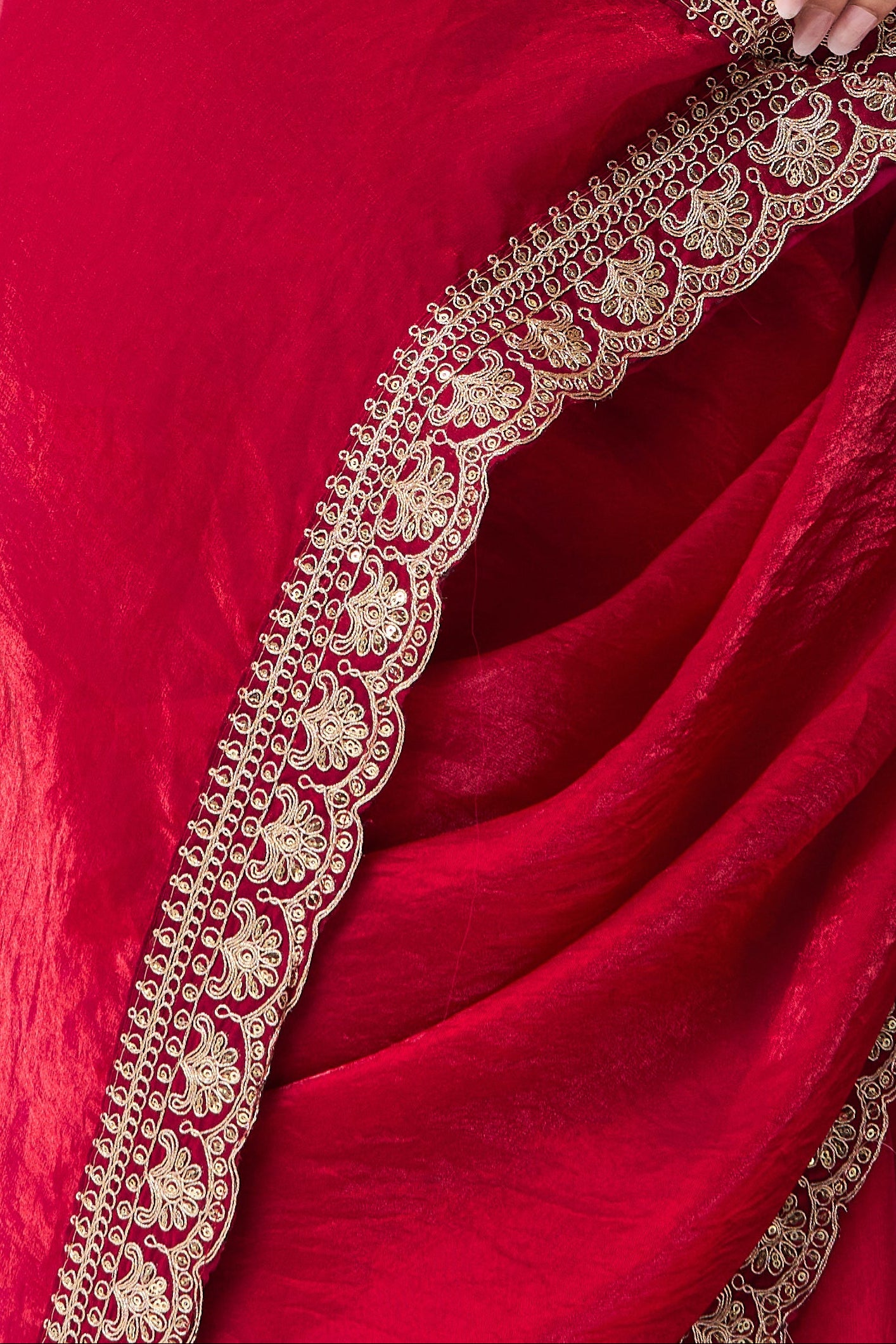 Red Pink Embroidered Metallic Satin Saree with Blouse Fabric