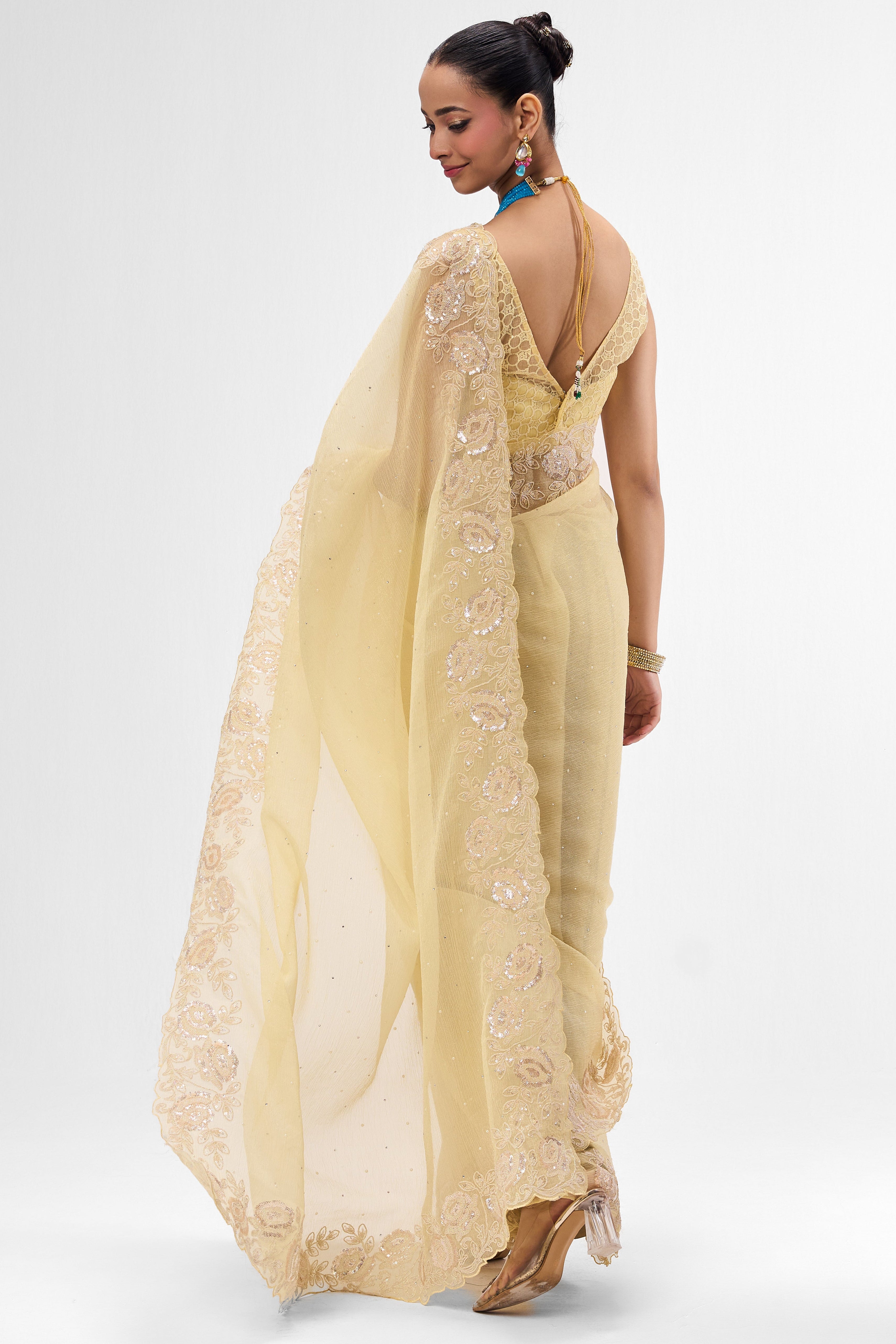 Butter Yellow Embroidered and Beaded Organza Saree with Blouse Fabric