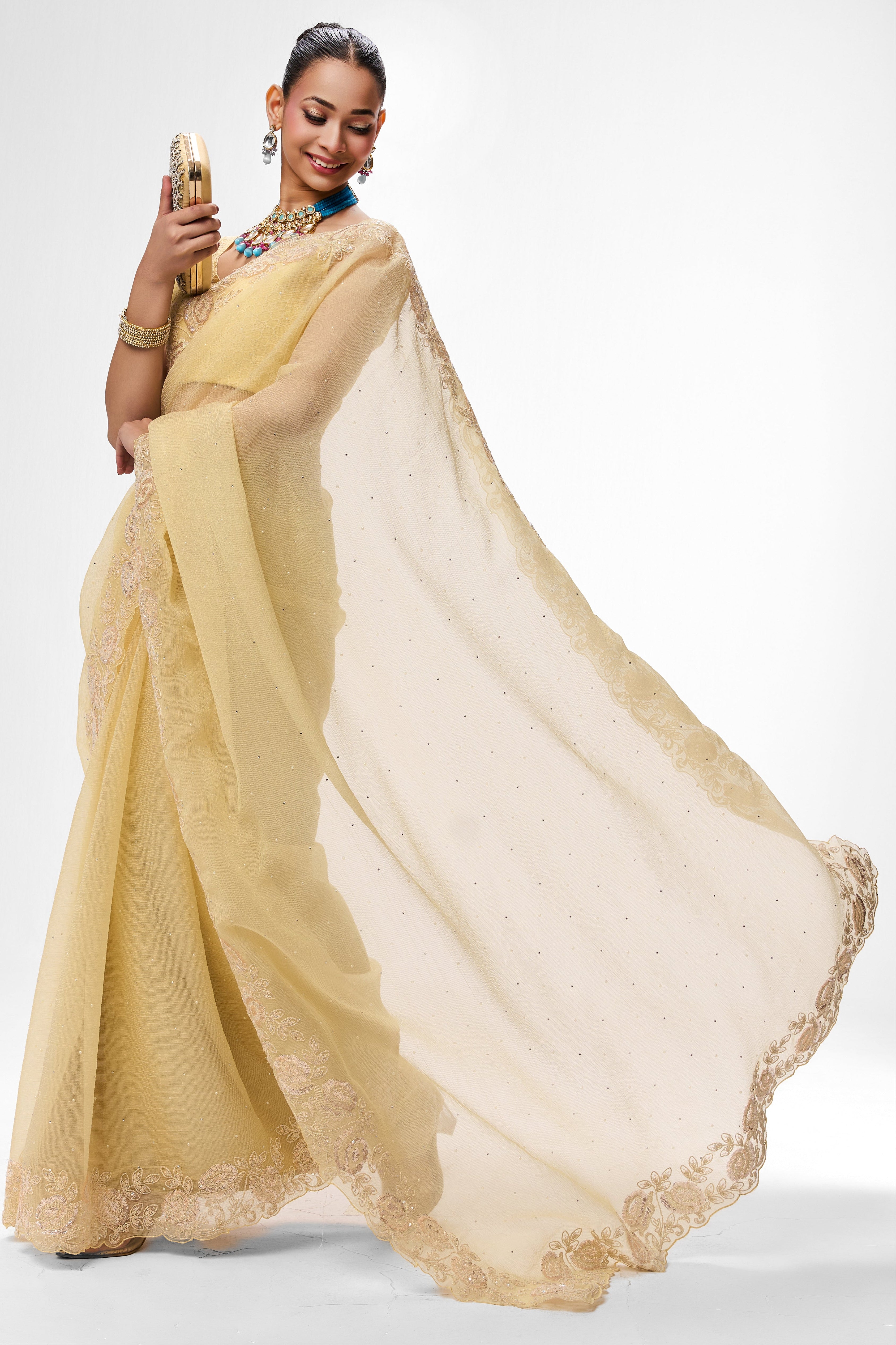 Butter Yellow Embroidered and Beaded Organza Saree with Blouse Fabric