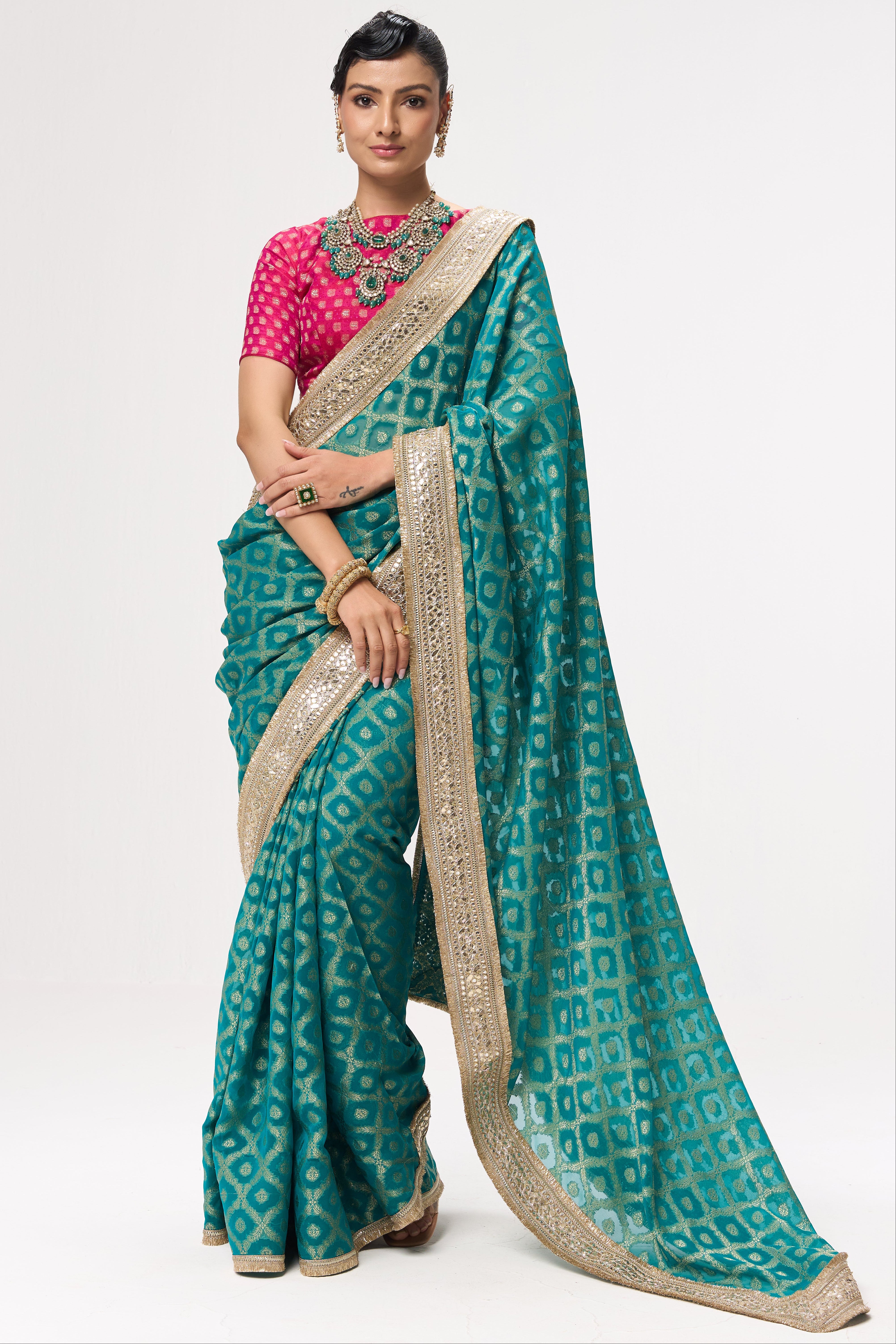 Green Woven Georgette all over lace saree with Blouse Fabric