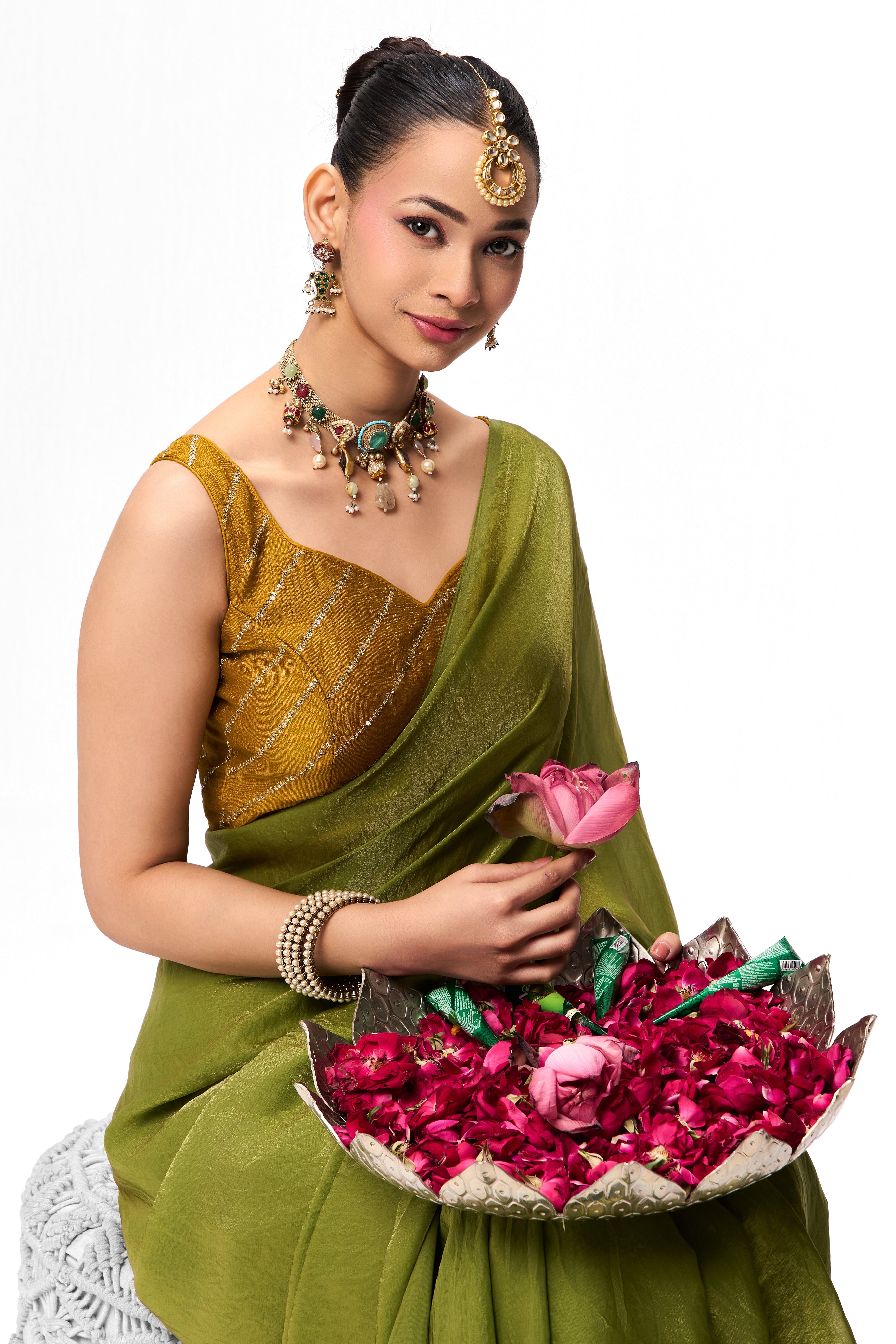 Yellow Sequin Stripes Blouse – Free-Size Adjustable 32–40 inches | Ready-to-Wear Party Blouse