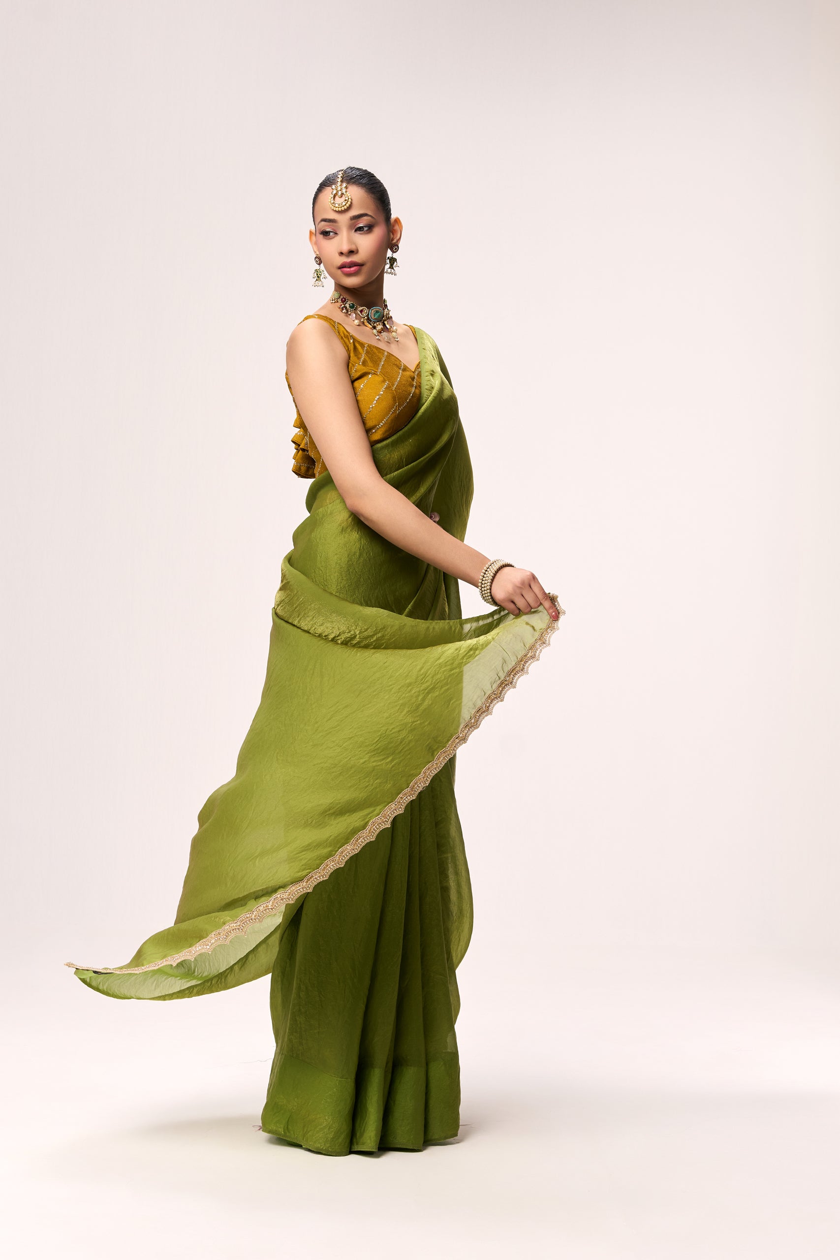 High on Henna Metallic Satin Saree with Yellow Sequin Readymade Blouse