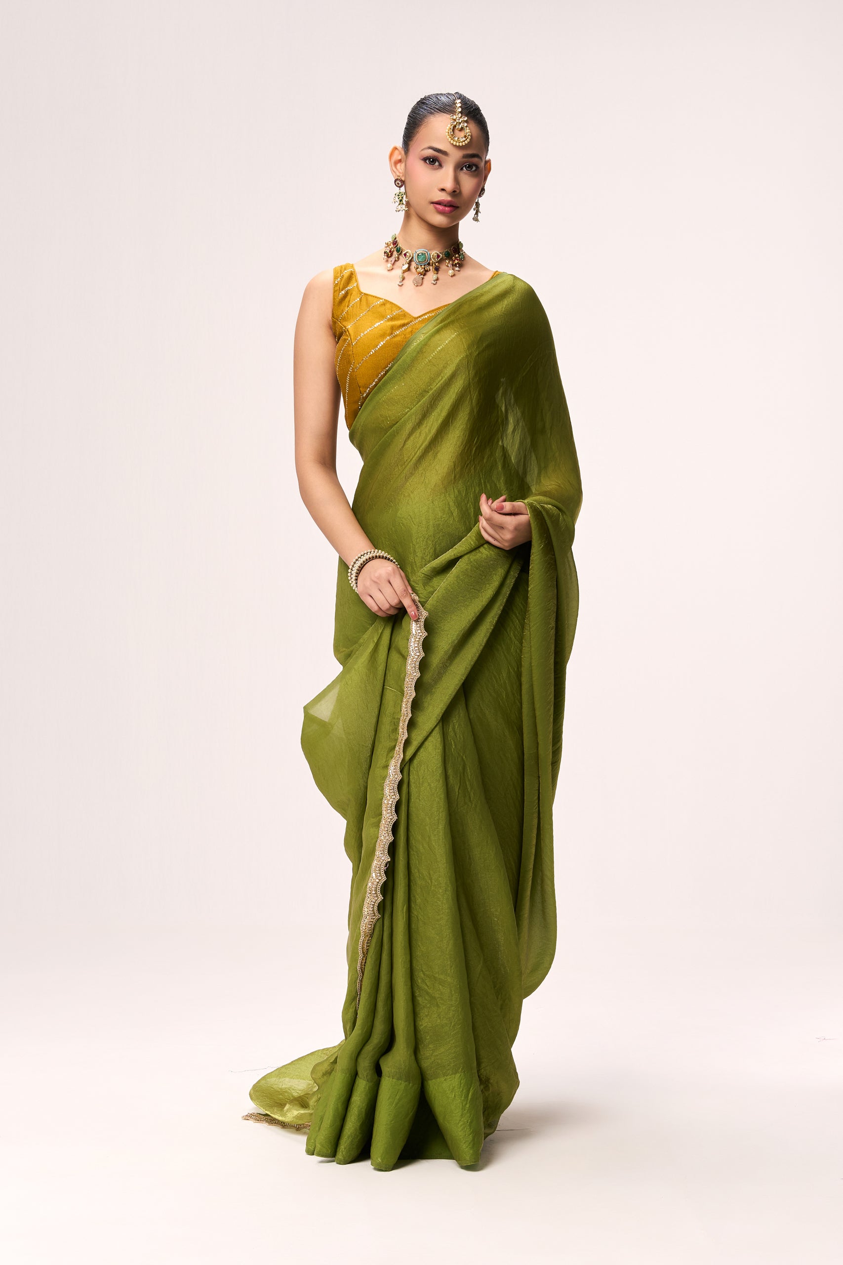 High on Henna Metallic Satin Saree with Yellow Sequin Readymade Blouse