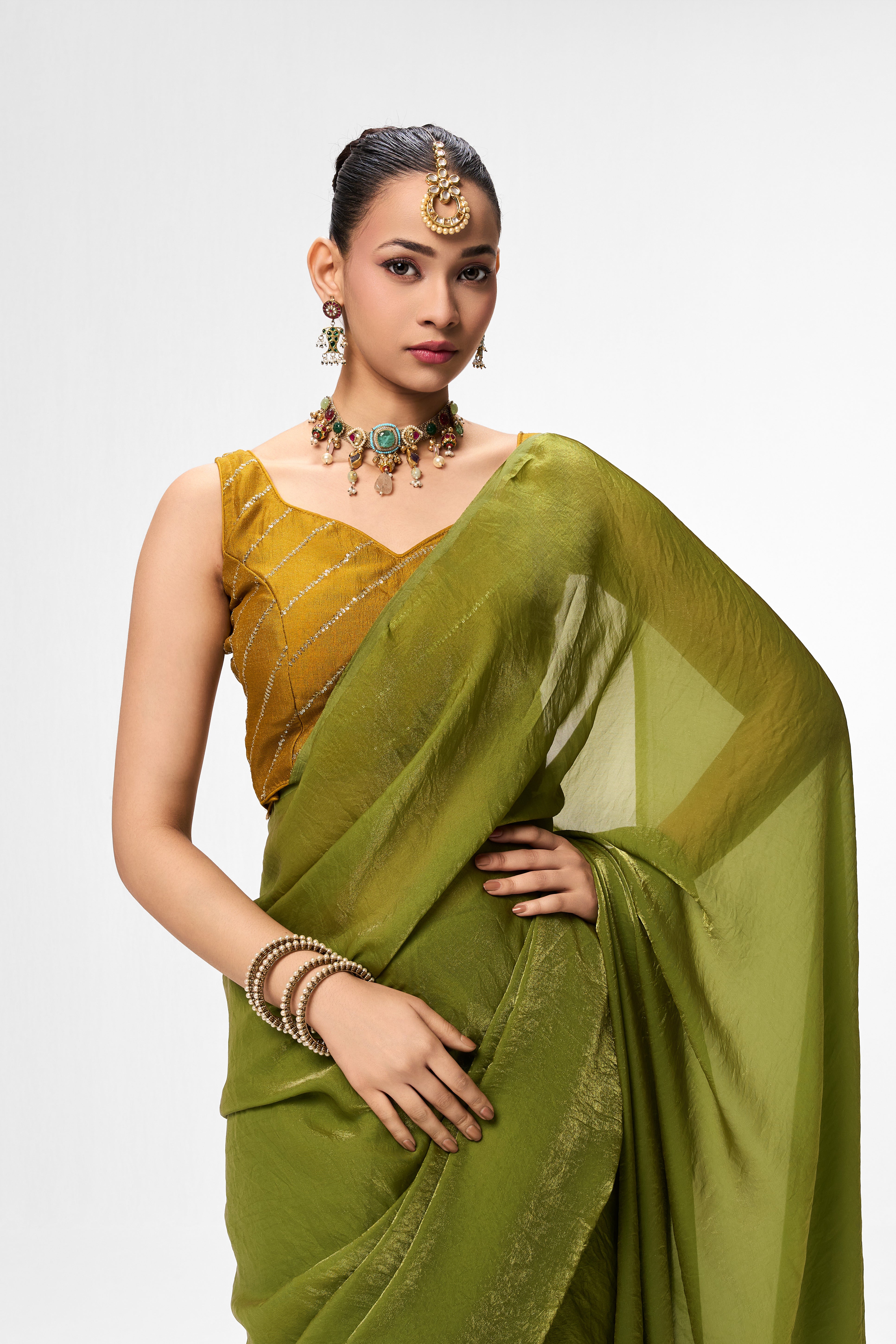 Yellow Sequin Stripes Blouse – Free-Size Adjustable 32–40 inches | Ready-to-Wear Party Blouse