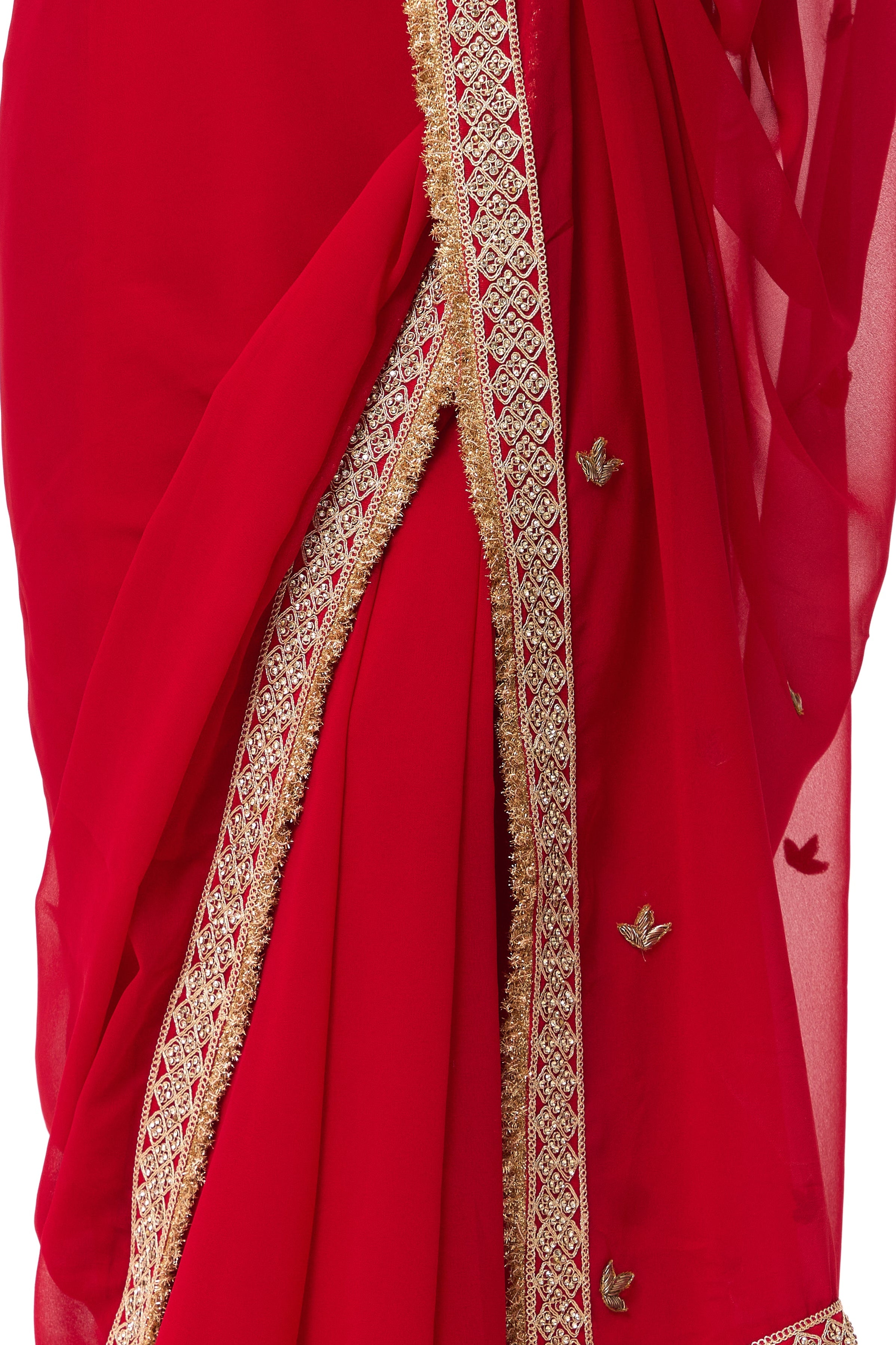 Pari Red Drapy Georgette with Border and Zardozi Saree with Blouse Fabric