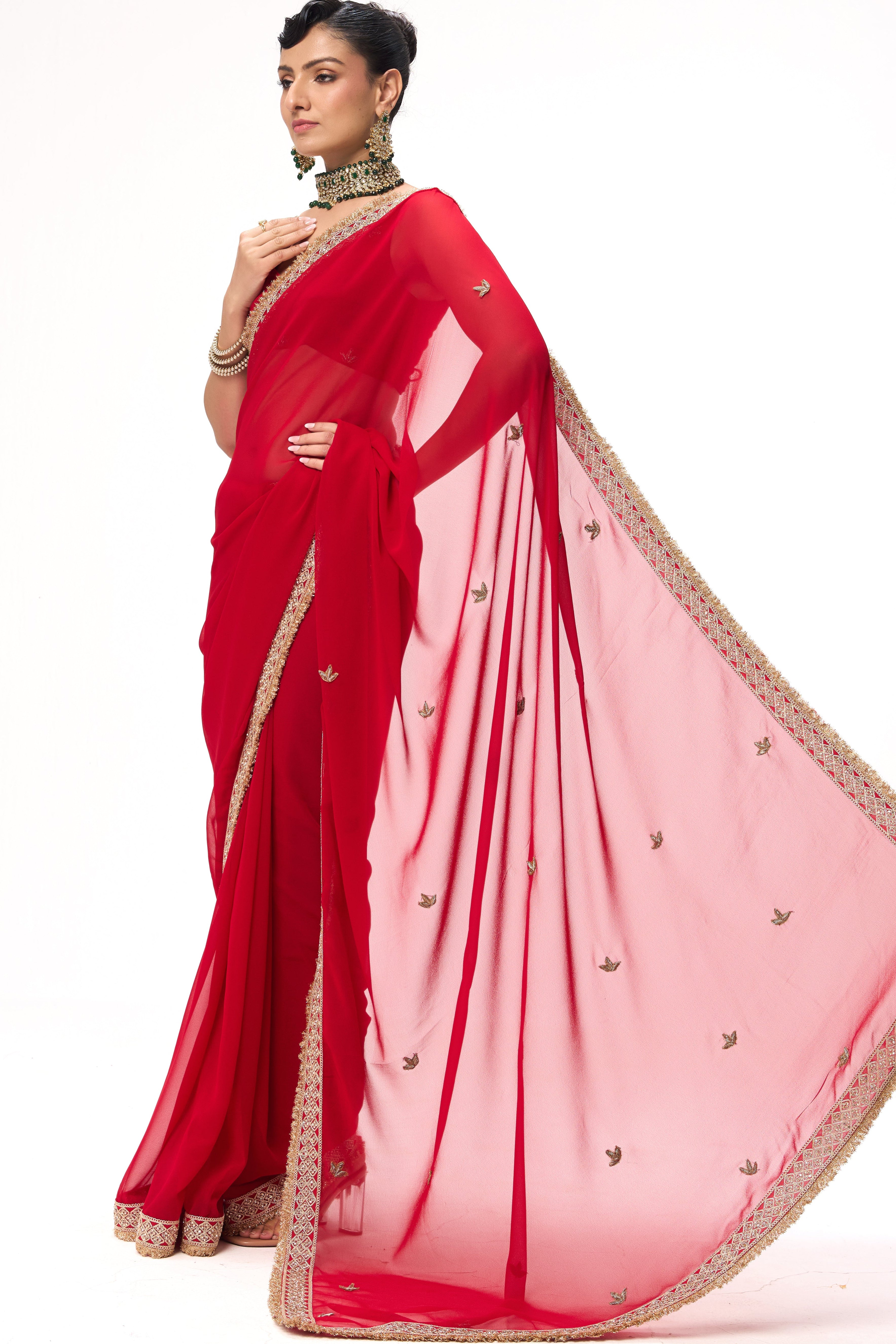 Pari Red Drapy Georgette with Border and Zardozi Saree with Blouse Fabric
