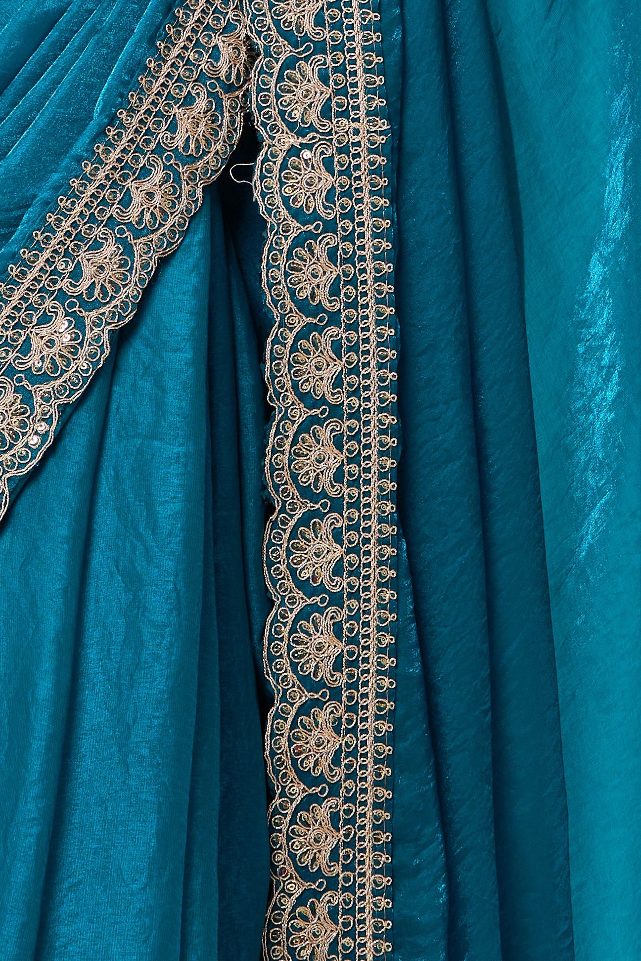 Deep Blue Embroidered Metallic Satin Saree with Blouse Fabric