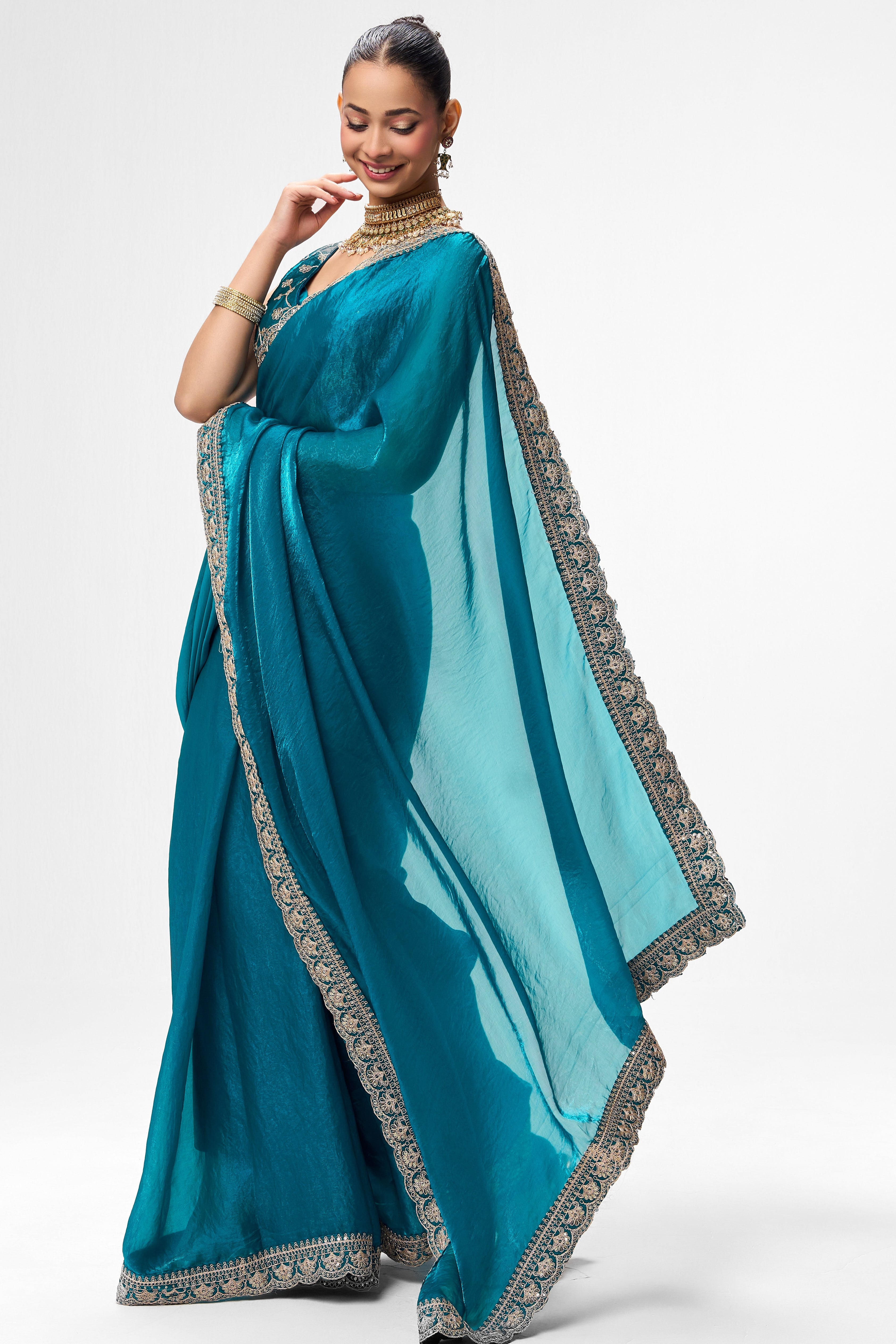 Deep Blue Embroidered Metallic Satin Saree with Blouse Fabric
