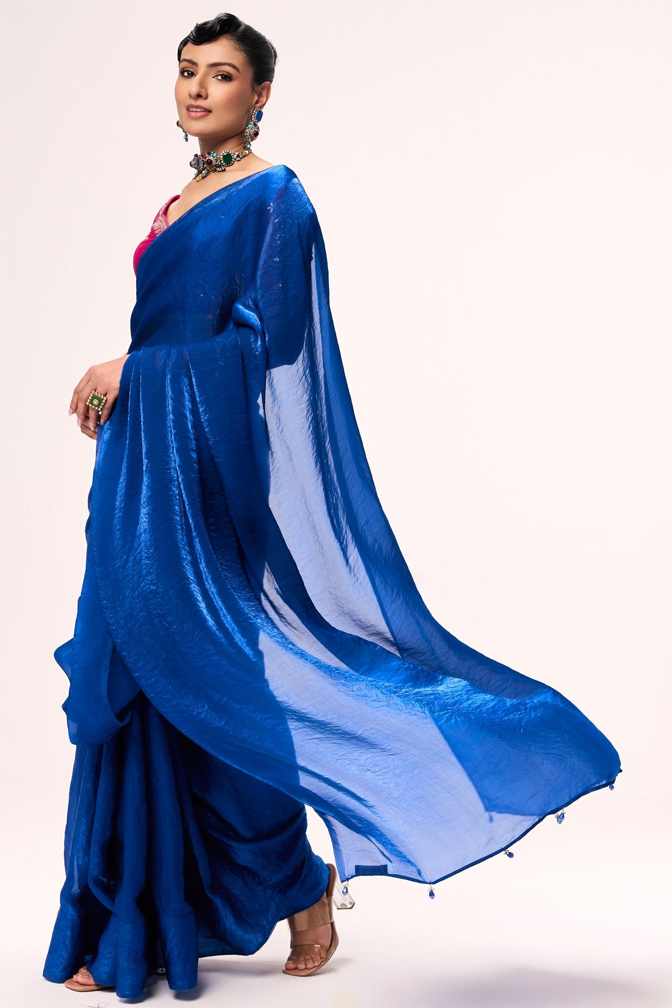 Blue Metallic Satin Saree with Sabya Embroidered Pink  Readymade Blouse