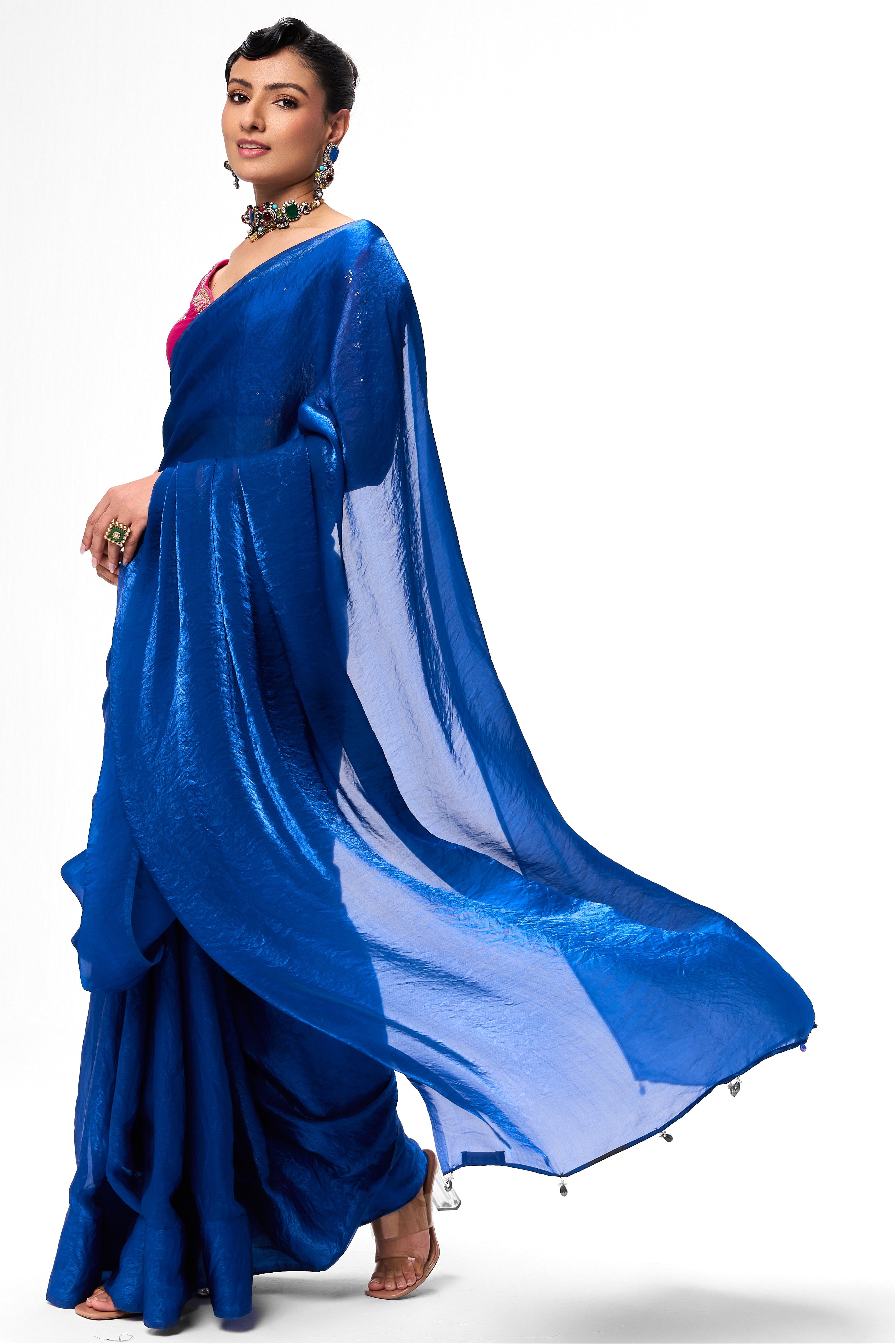 Blue Metallic Satin Saree with Sabya Embroidered Pink  Readymade Blouse