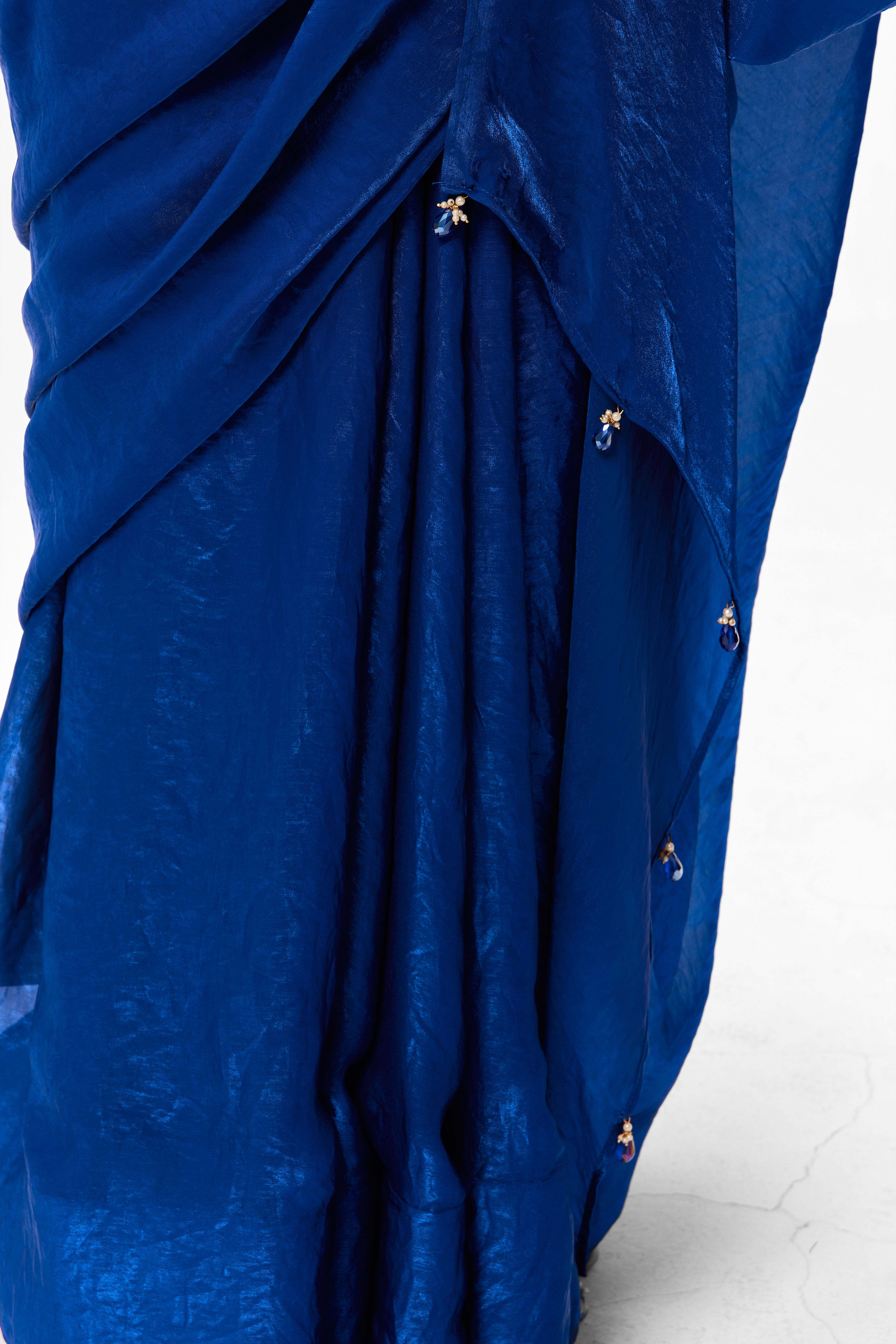 With Readymade Blouse - Blue Metallic Satin Saree with Sabya Embroidered Pink  Readymade Blouse