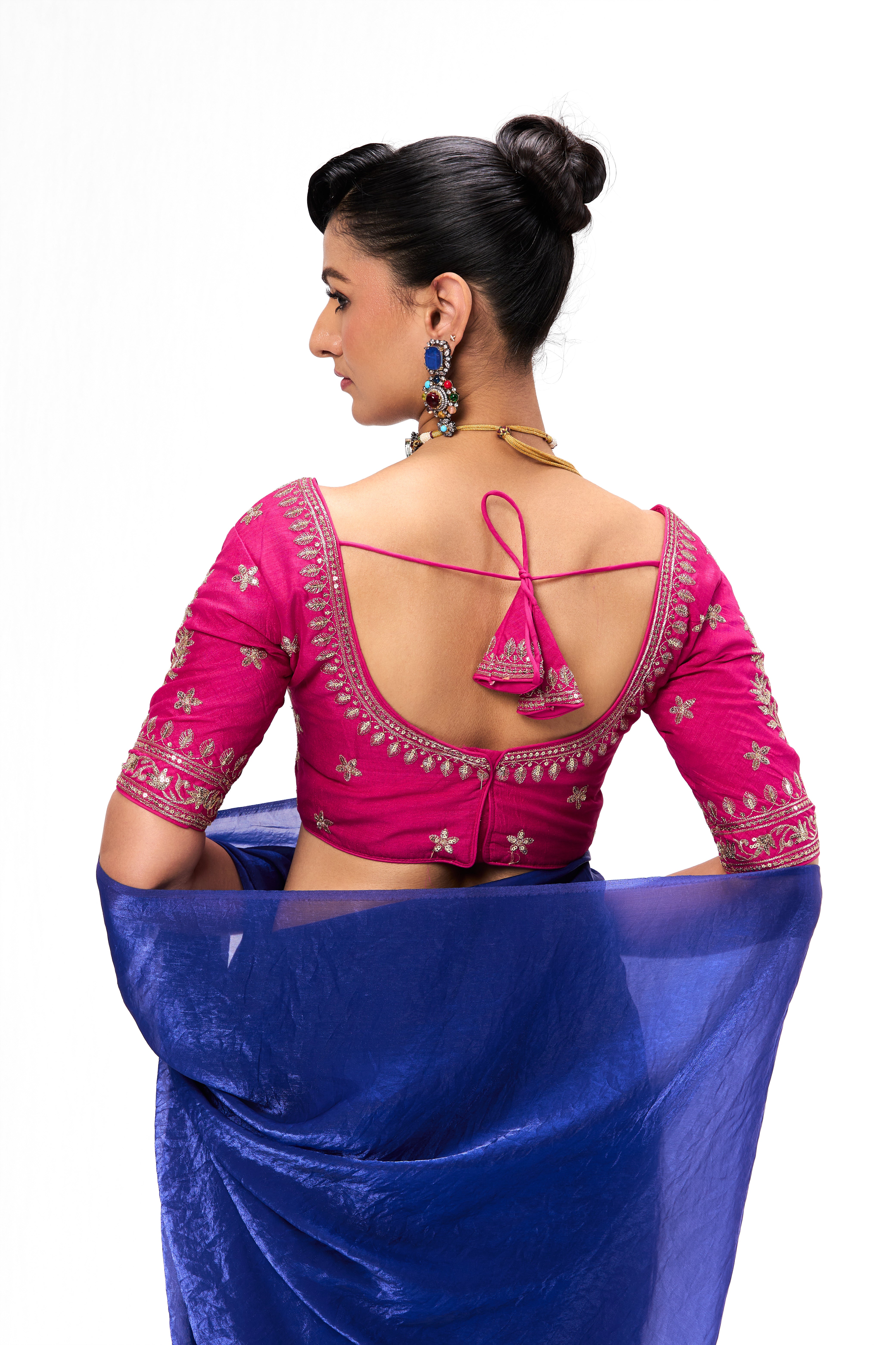 Woven Yellow Georgette Saree with Pink Embroidered Ready-to-Wear Blouse