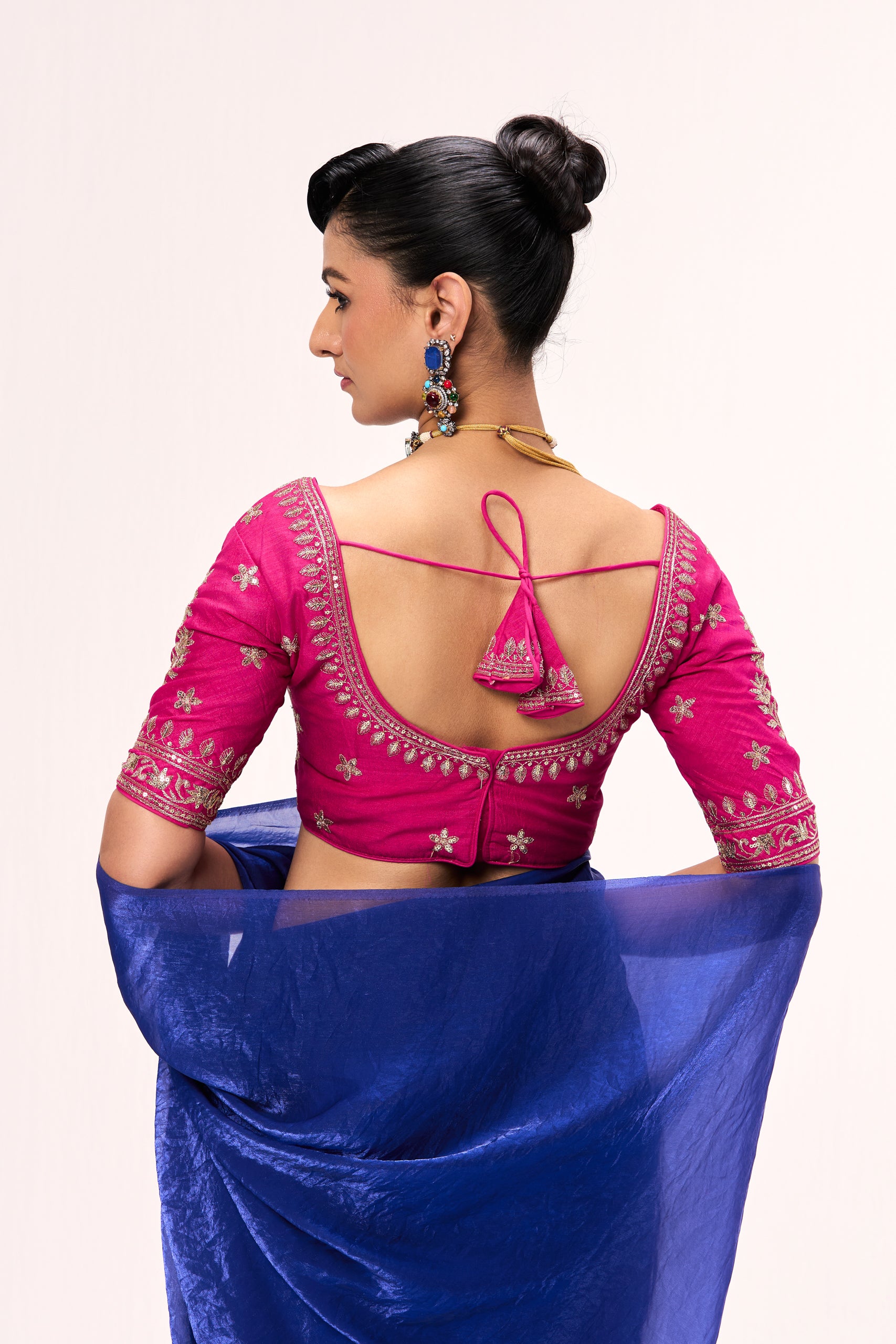 Fuchsia Embroidered Sabya Blouse – Free-Size Adjustable 32–40 inches | Designer Couture Blouse