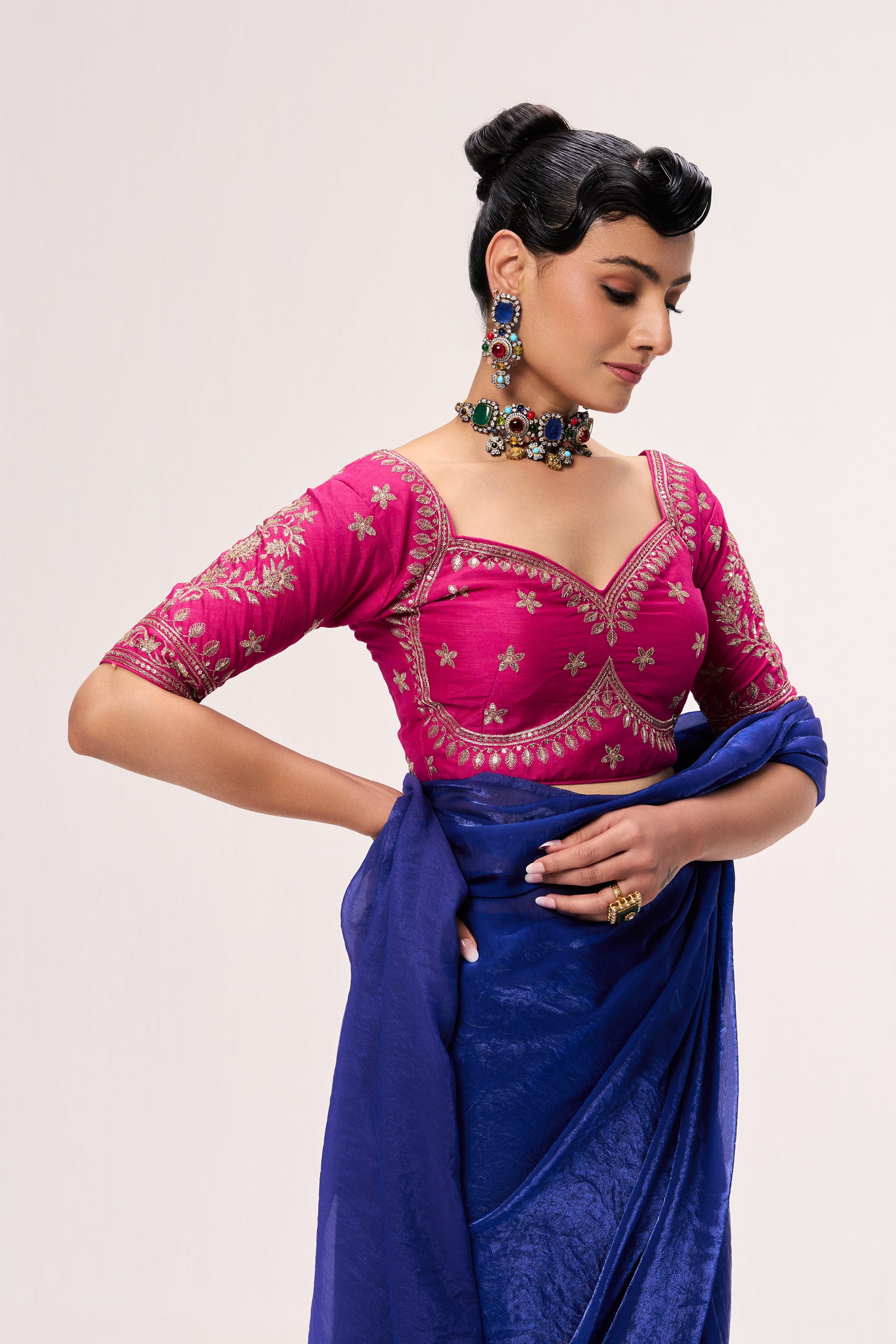 Fuchsia Embroidered Sabya Blouse – Free-Size Adjustable 32–40 inches | Designer Couture Blouse