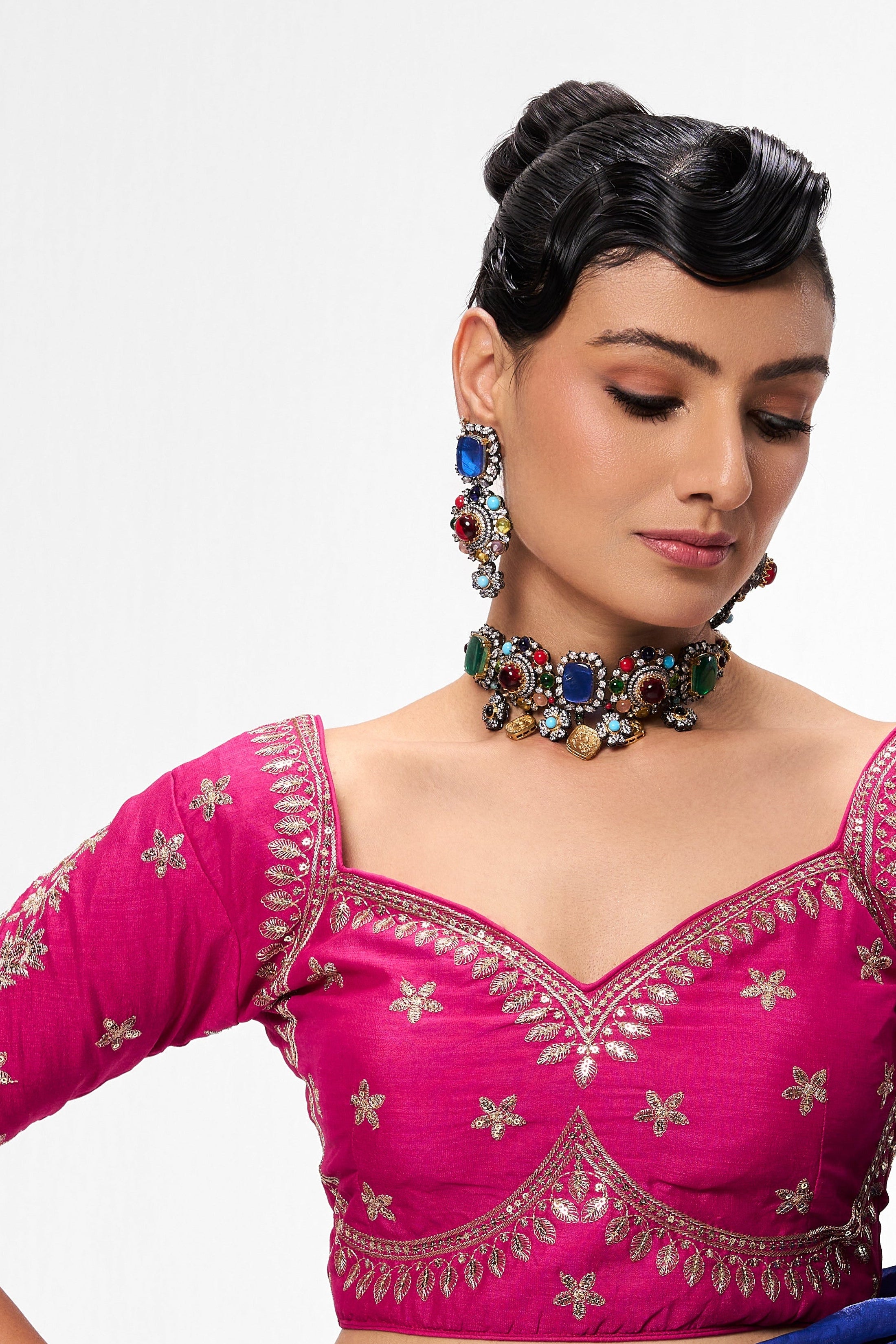 Woven Yellow Georgette Saree with Pink Embroidered Ready-to-Wear Blouse