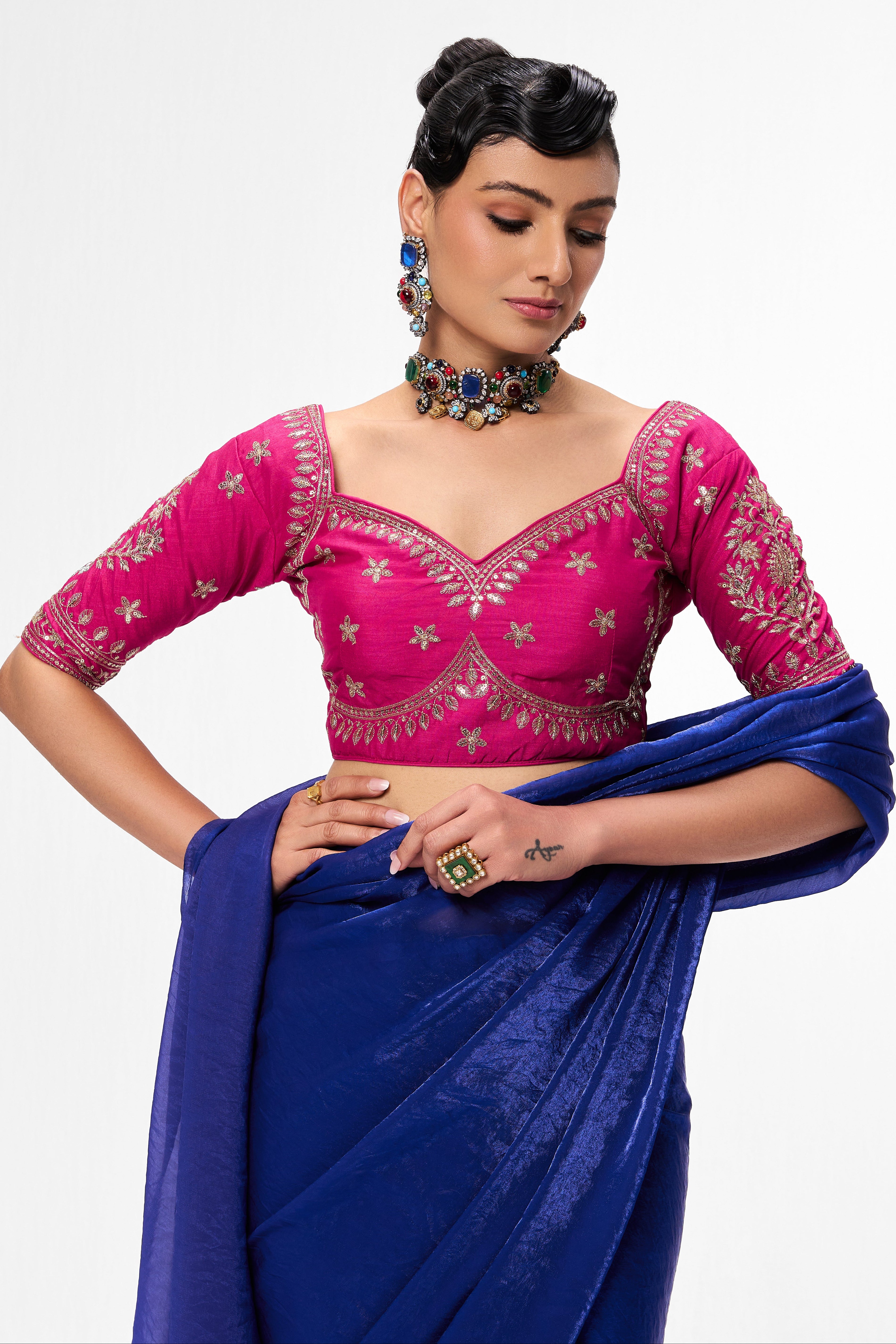 With Readymade Blouse - Blue Metallic Satin Saree with Sabya Embroidered Pink  Readymade Blouse