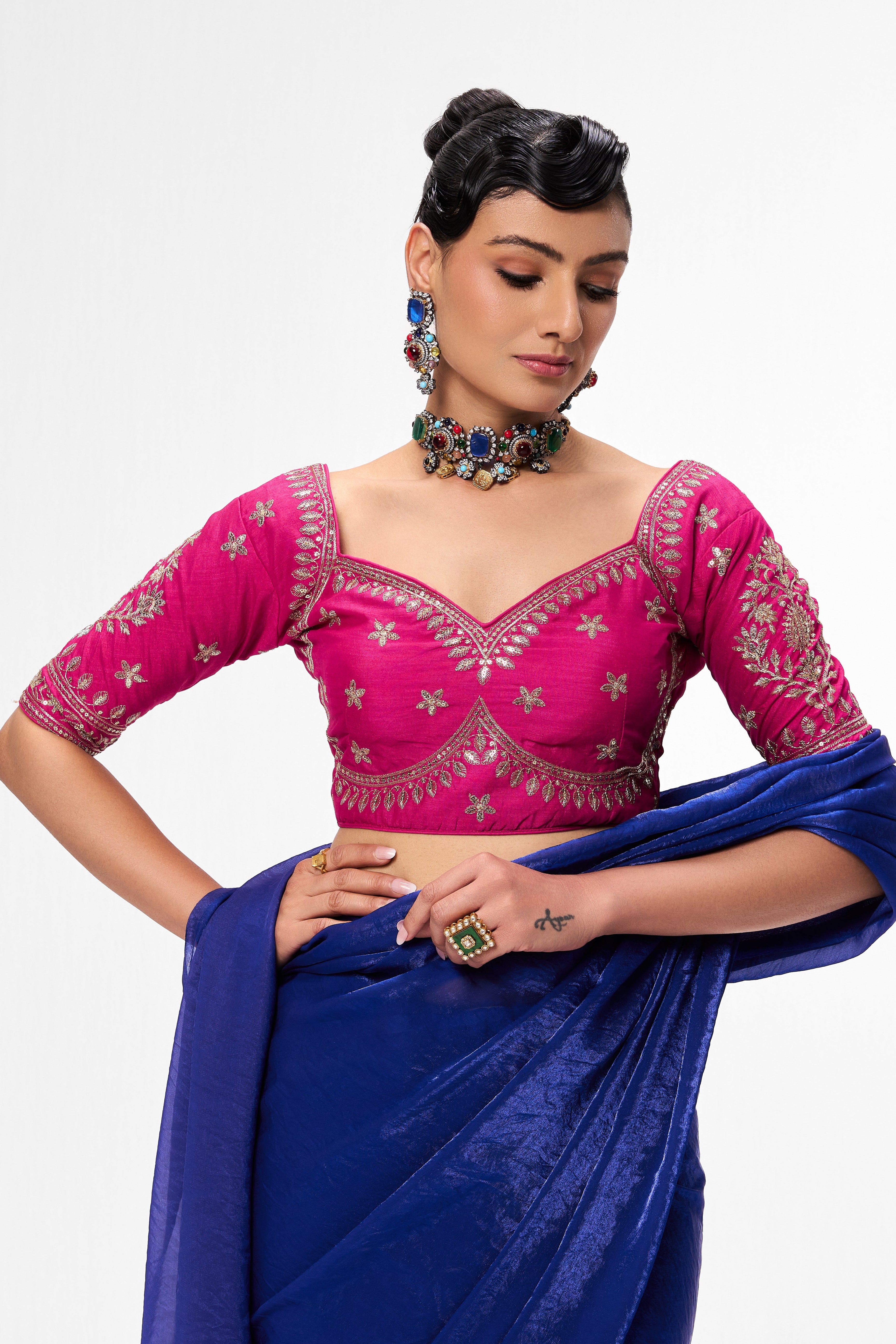 Fuchsia Embroidered Sabya Blouse – Free-Size Adjustable 32–40 inches | Designer Couture Blouse