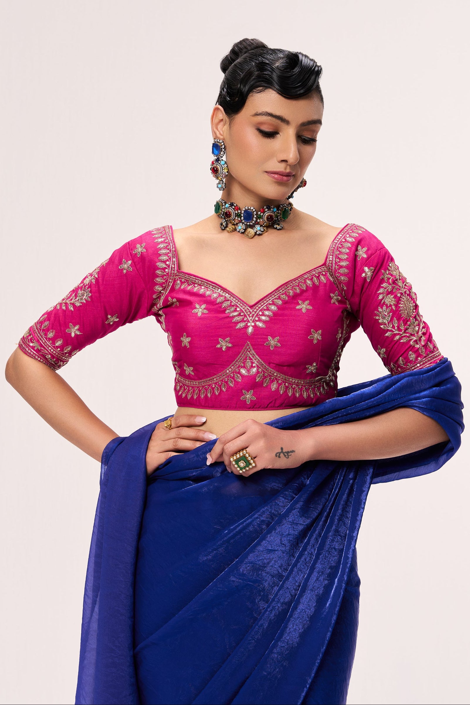 Fuchsia Embroidered Sabya Blouse – Free-Size Adjustable 32–40 inches | Designer Couture Blouse